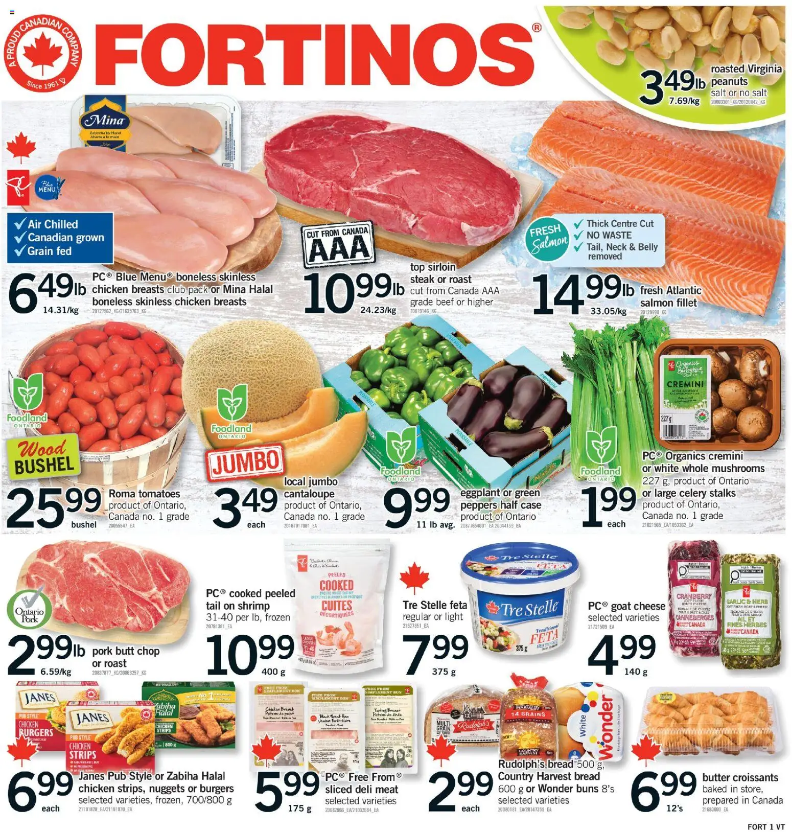 Fortinos flyer valid from Aug 13, 2026 | Page: 1 | Products: Salmon, Mushrooms, Cheese, Tomatoes