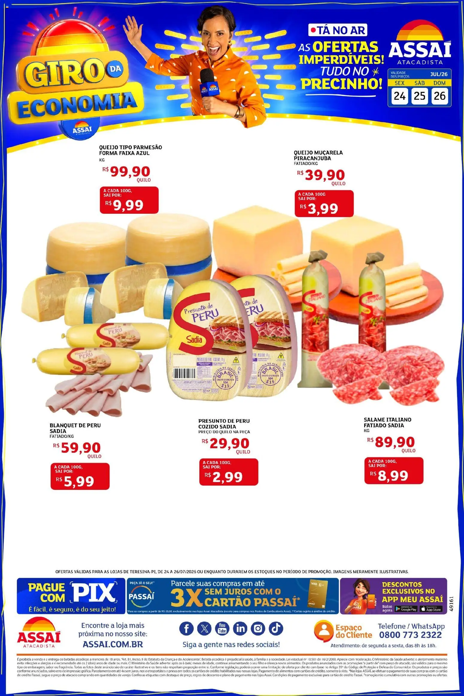Assaí Atacadista Folheto - válido de 25/07/2026 | Página: 1 | Produtos: Queijo, Pneus, Bebida, Telefone