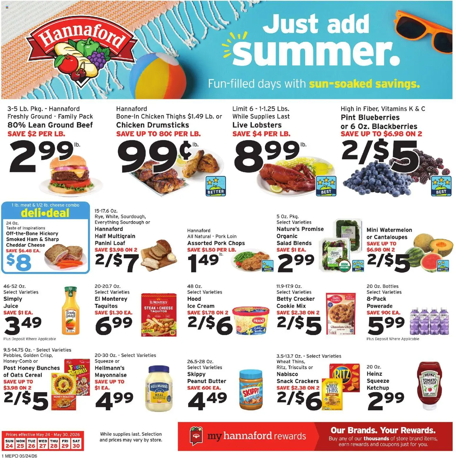 Hannaford Weekly Ad - valid from 24.05.2026 | Page: 1 | Products: Butter, Chocolate, Ham, Beef