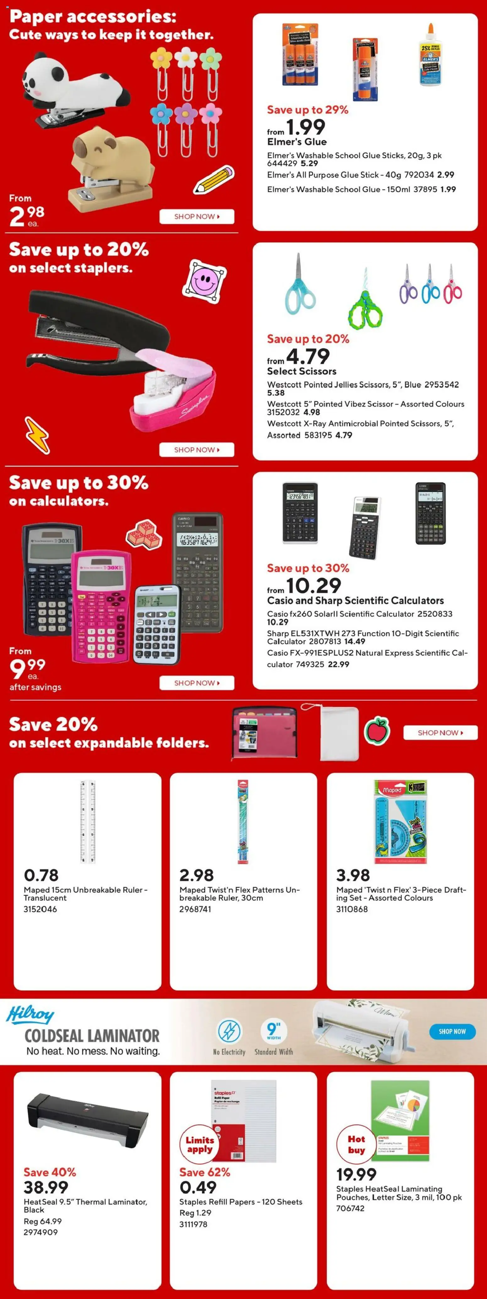 Staples flyer valid from Aug 28, 2026 | Page: 6 | Products: Calculator, Laminator, Tools, Cake