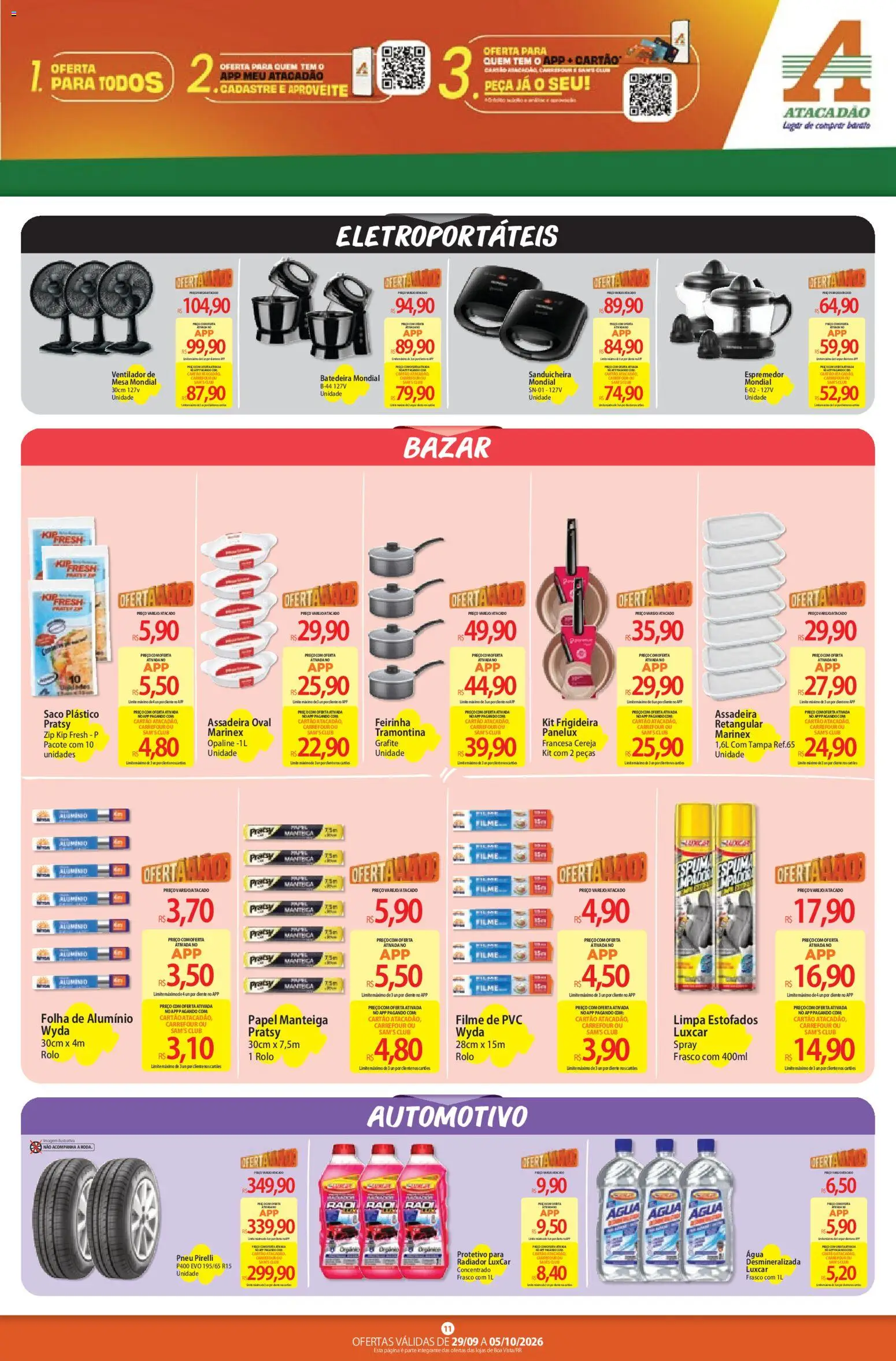Atacadão Folheto - válido de 29/09/2026 | Página: 11 | Produtos: filme de PVC, Sanduicheira, Frigideira, Pirelli