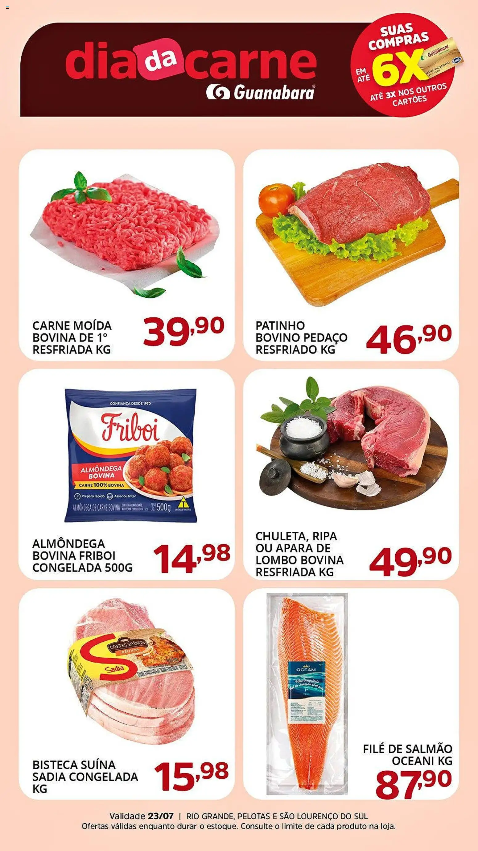 Supermercado Guanabara Folheto - válido de 23/07/2026 | Página: 1 | Produtos: Salmão, Lombo, Carne, Carne moída