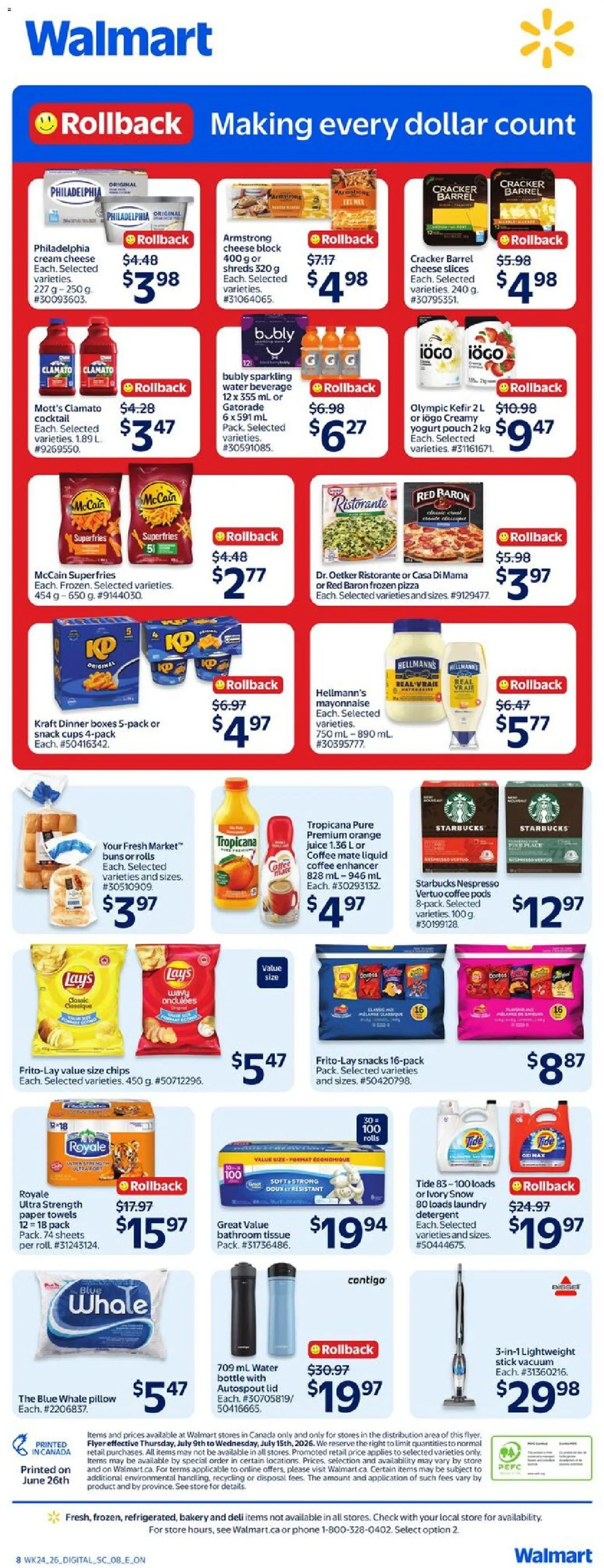 Walmart flyer valid from Jul 9, 2026 | Page: 4 | Products: Vacuum cleaner, Pillow, Yogurt, Coffee