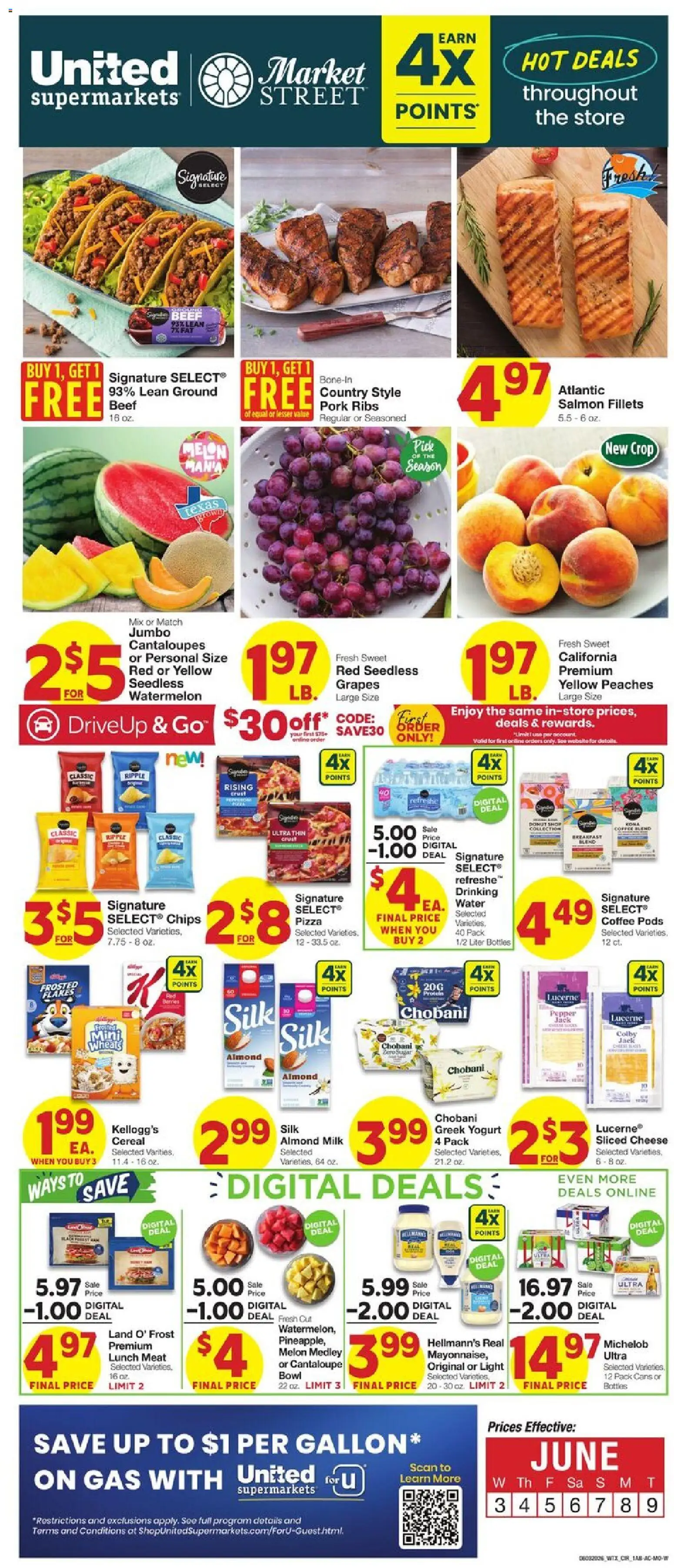 United Supermarkets Weekly Ad - valid from 03.06.2026 | Page: 1 | Products: Milk, Coffee, Pork, Watermelon