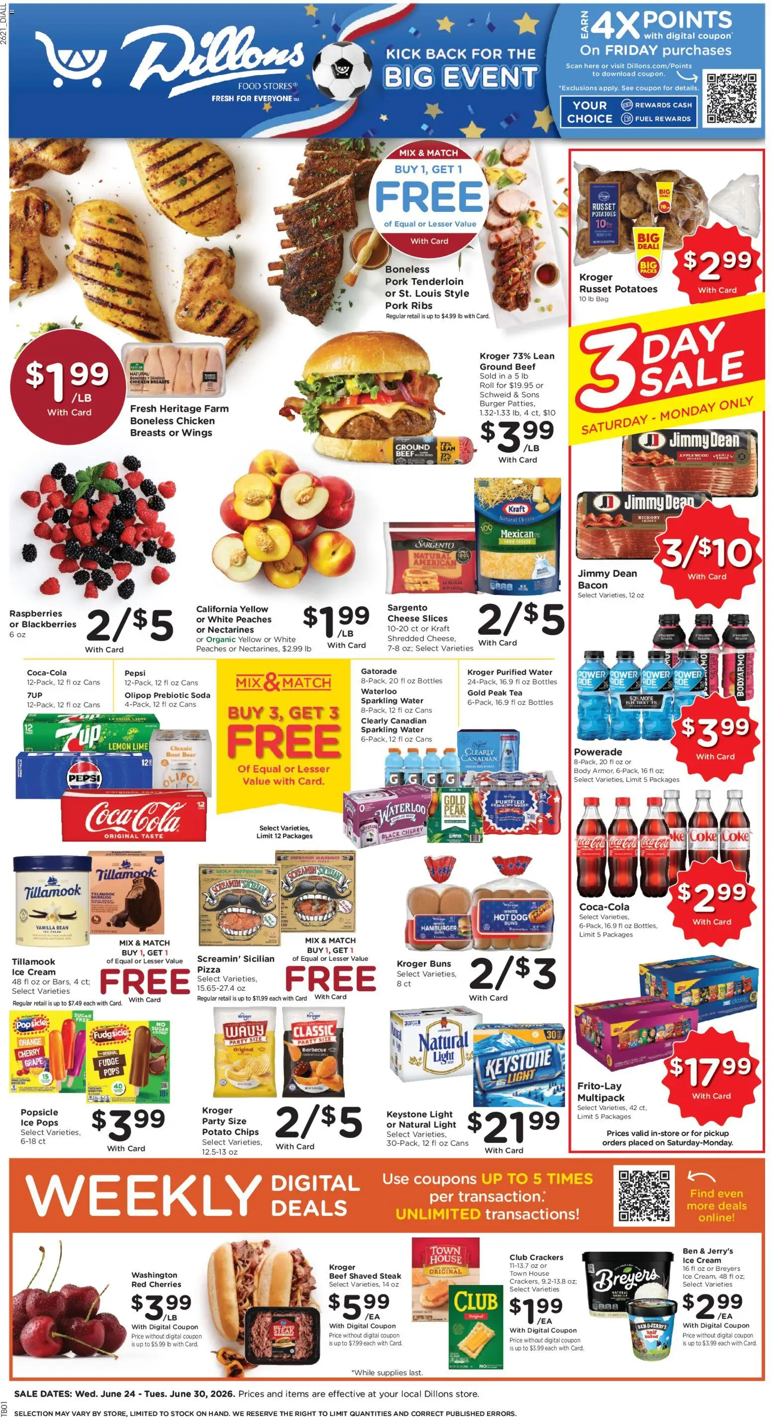 Dillons Weekly Ad - valid from 06/24/2026 | Page: 1 | Products: Cherries, Pizza, Beef, Bag