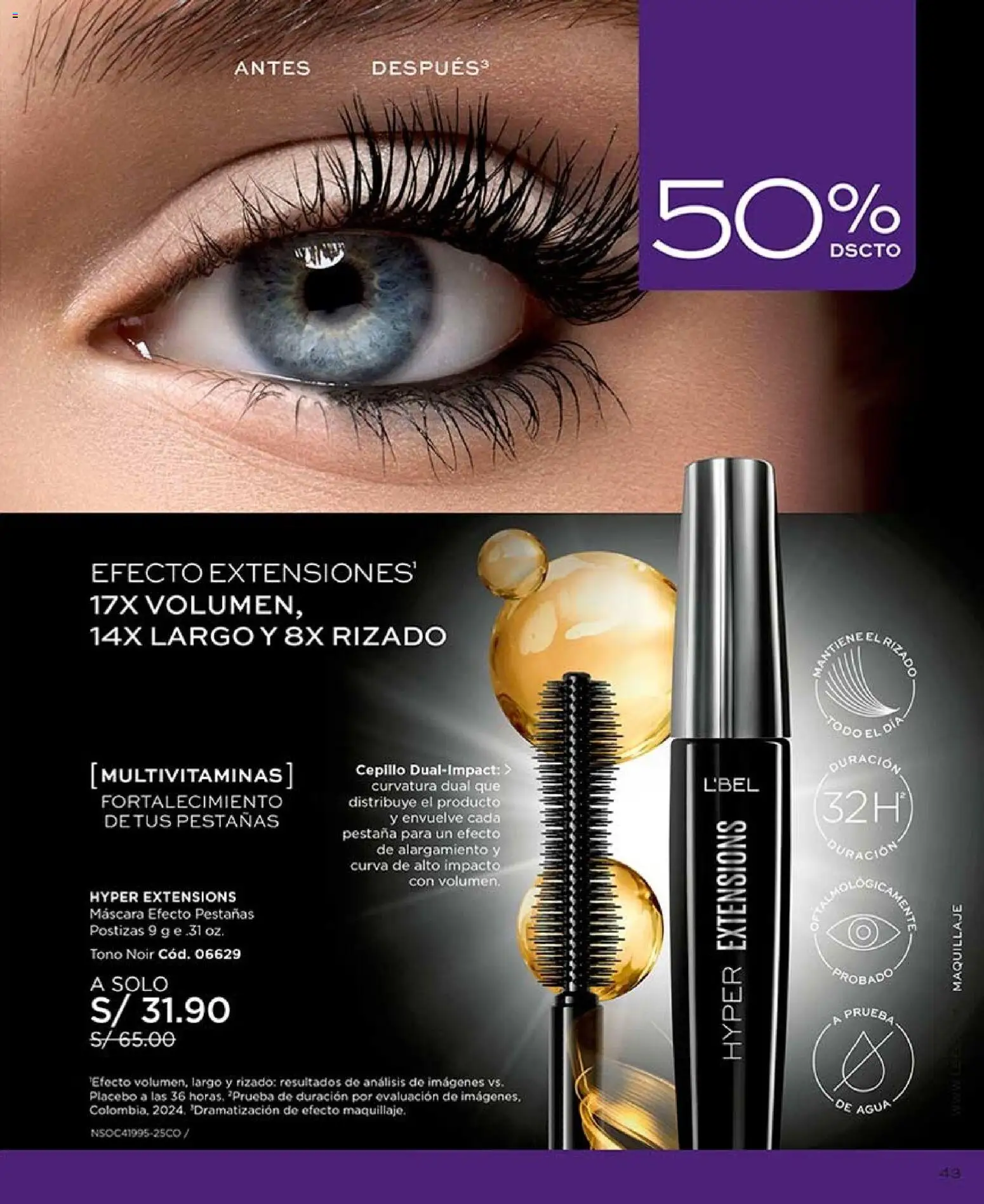 Catálogo L'Bel válido desde 22/08/2026 | Página: 43 | Productos: Máscara, Pestañas postizas, Agua, Maquillaje