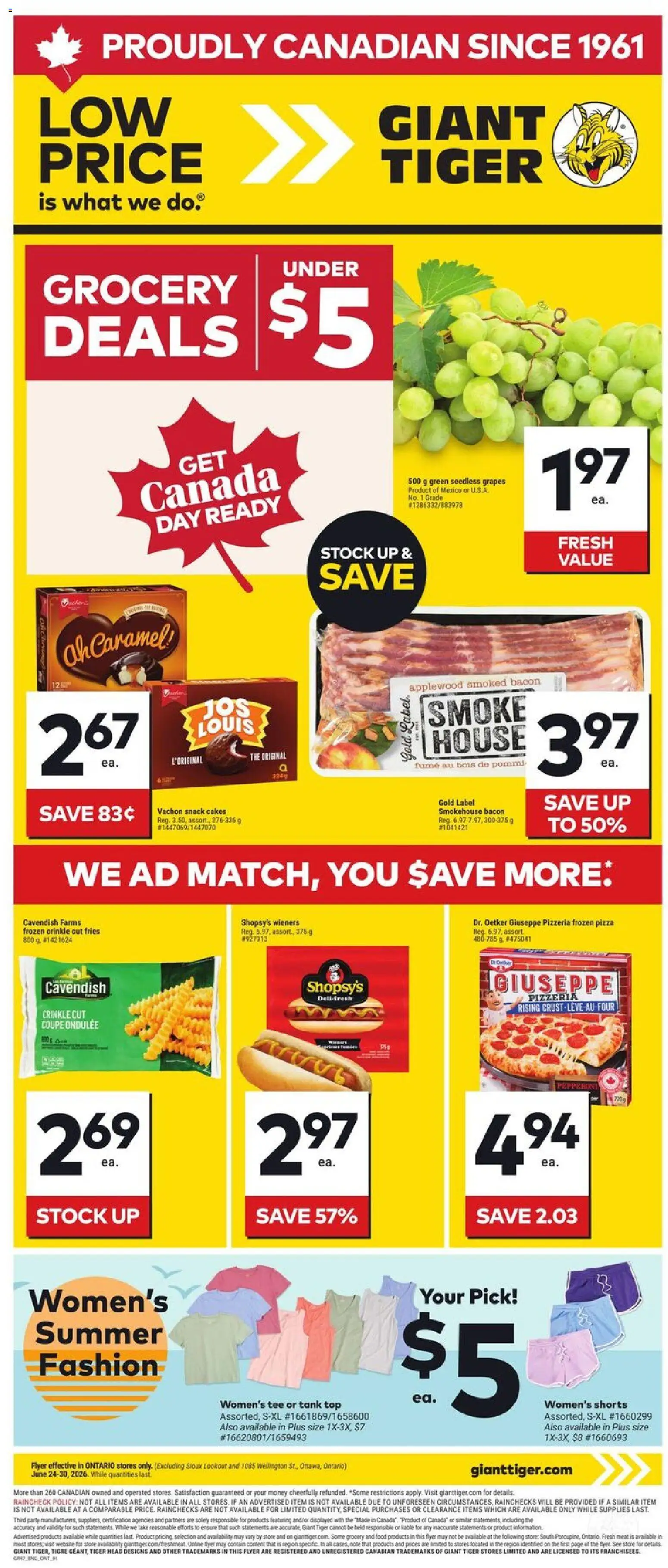 Giant Tiger flyer valid from Jun 24, 2026 | Page: 1 | Products: Shoes, T-shirt, Tank top, Pizza
