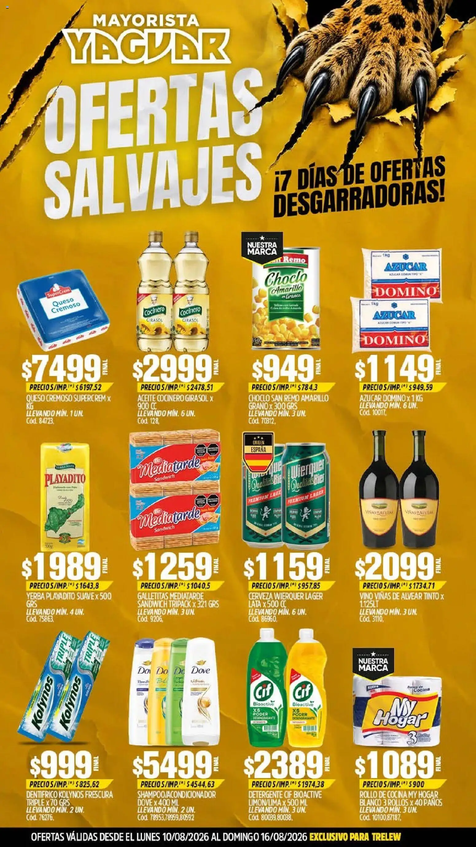 Yaguar - Oferta Semanal Trelew │ válido desde el 10/08/2026 | Página: 1 | Productos: Choclo, Azucar, Vino, Cerveza