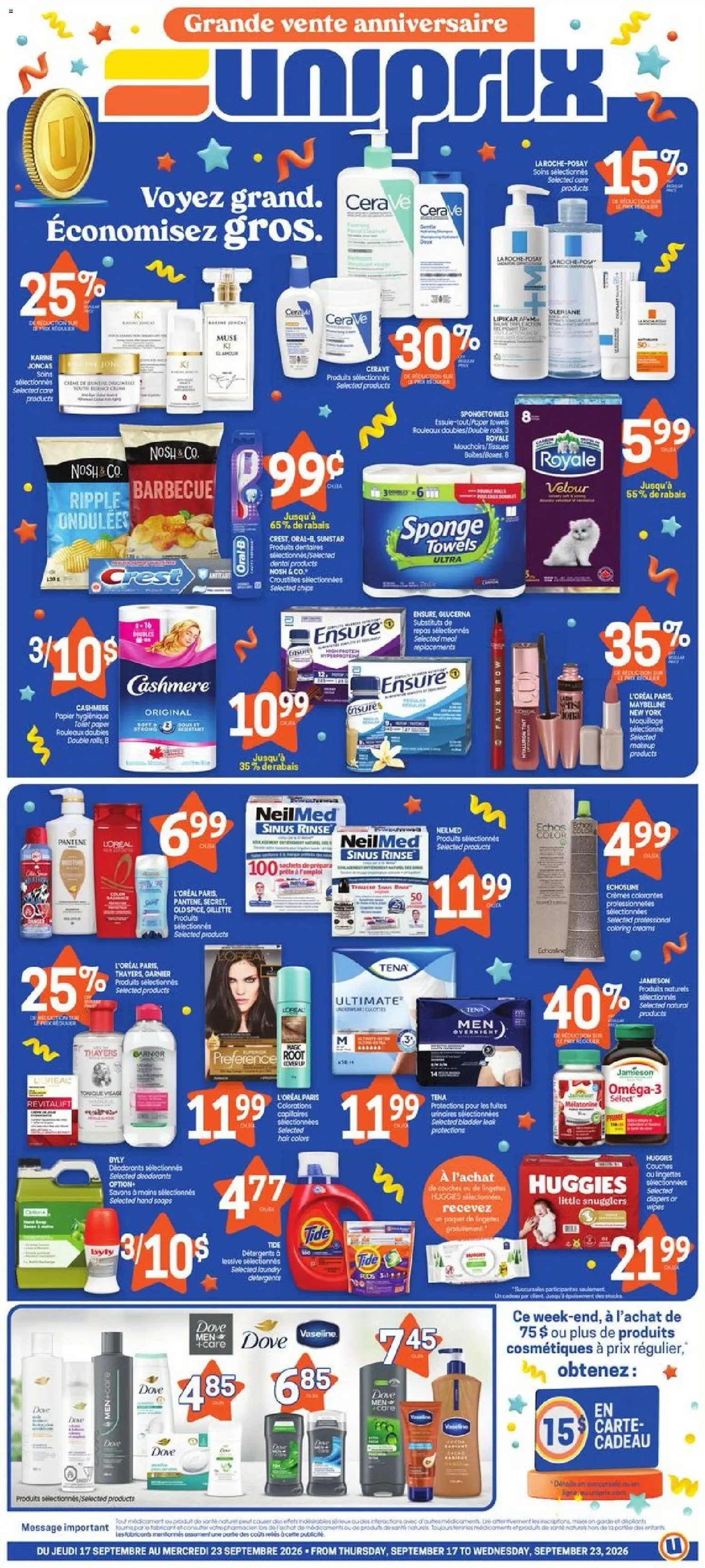 Uniprix flyer valid from Sep 17, 2026 | Page: 1 | Products: Chips, Toilet paper, Tissues, Sachets