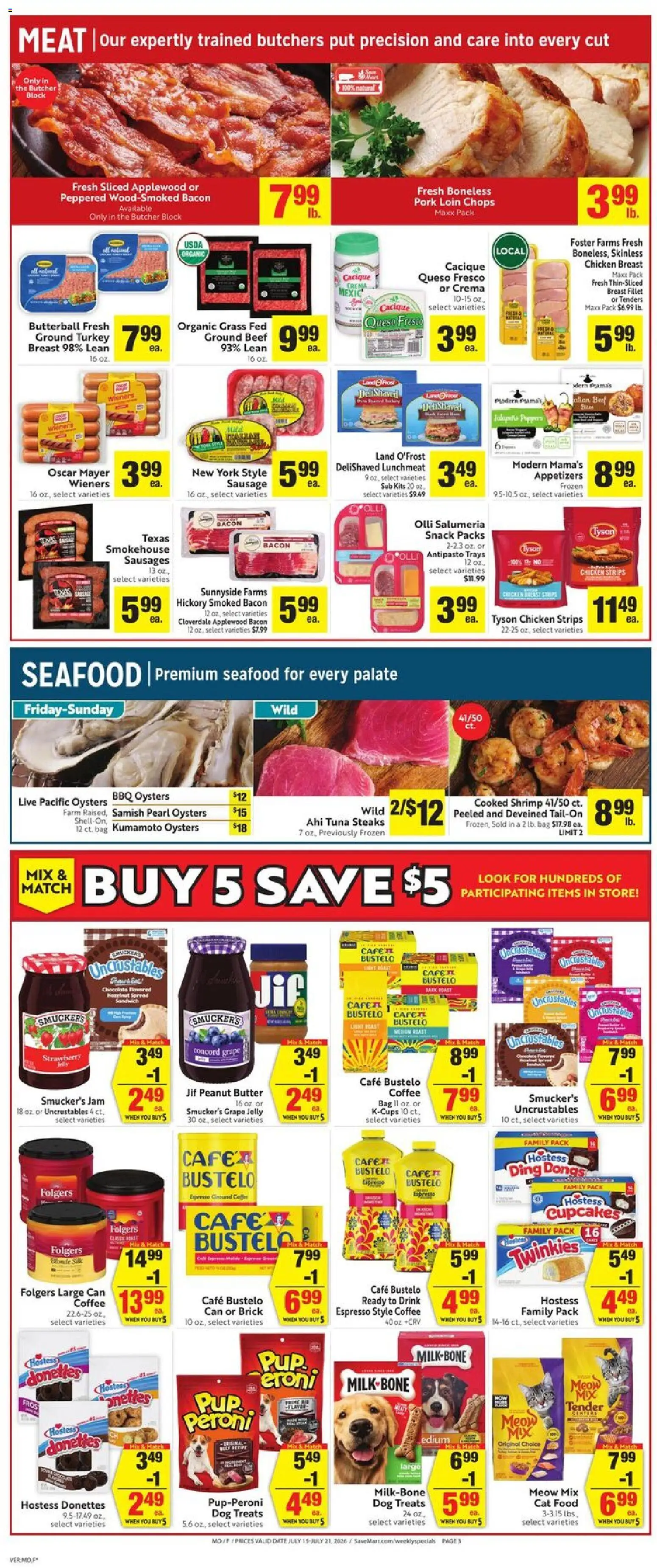 Save Mart Weekly Ad - valid from 07/15/2026 | Page: 3 | Products: Cat Food, Pork, Date, Bag