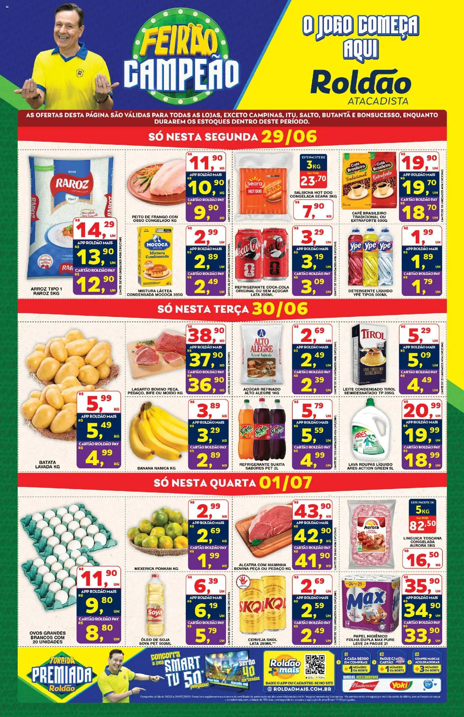 Roldão Folheto - válido de 29/06/2026 | Página: 1 | Produtos: Detergente, Linguiça, Óleo, Arroz