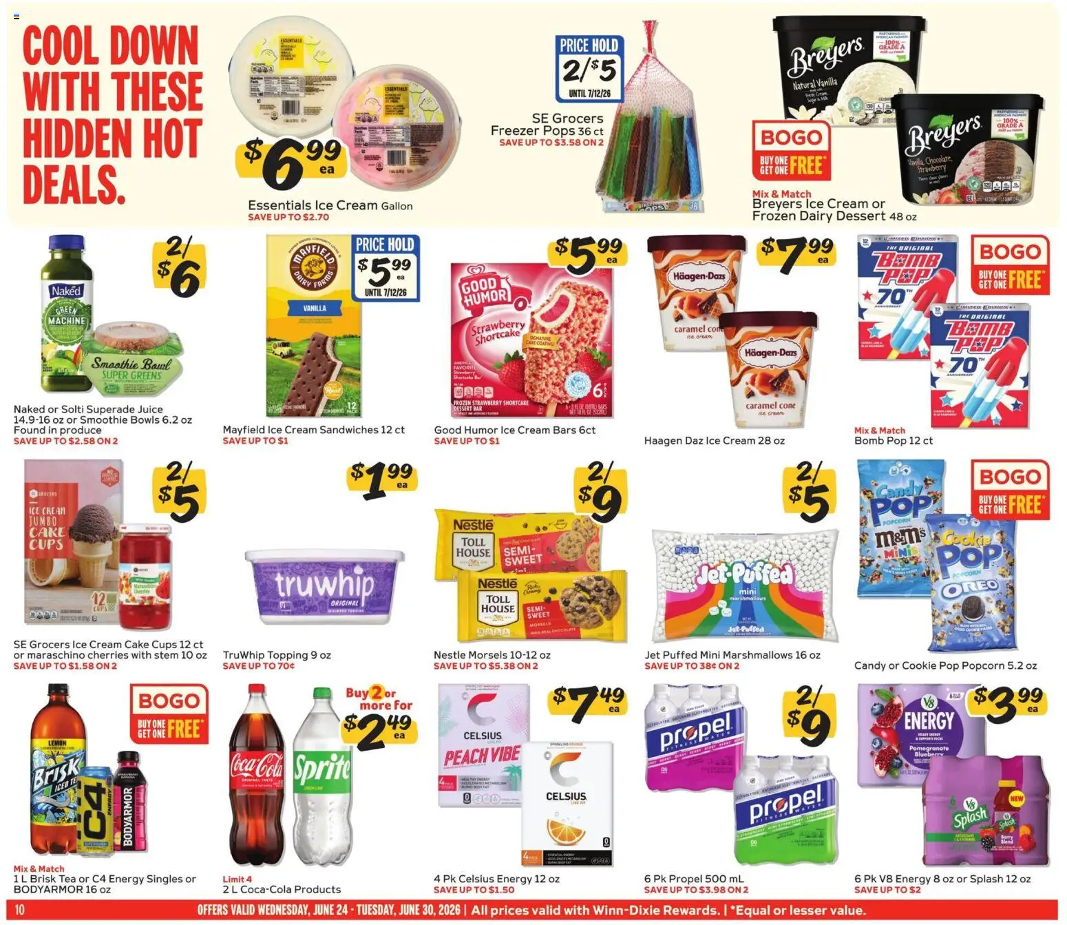 Winn Dixie Weekly Ad - valid from 06/24/2026 | Page: 10 | Products: Juice, Tea, Ice cream, Freezer