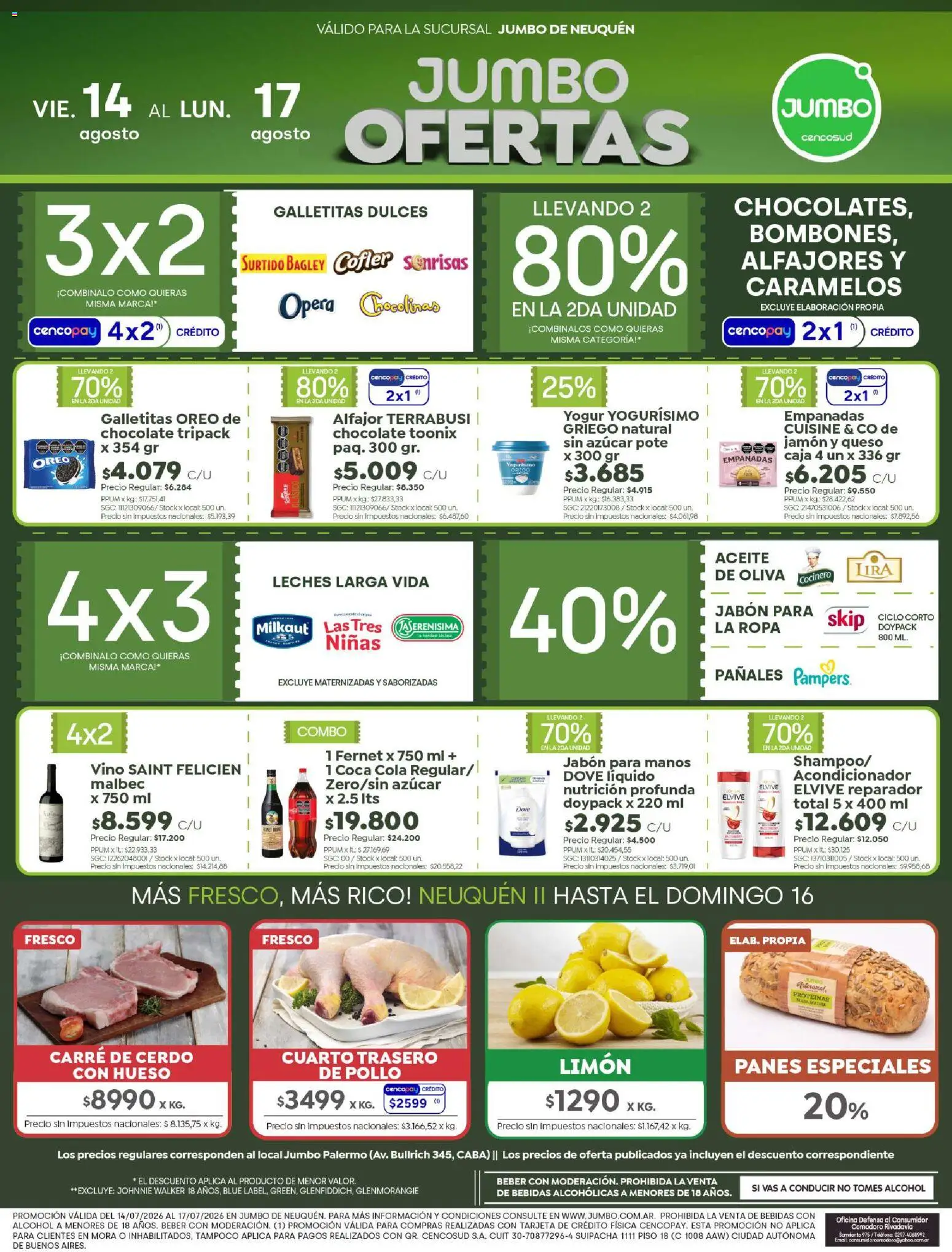 Jumbo - Ofertas | Neuquén │ válido desde el 13/08/2026 | Página: 1 | Productos: Fernet, Dulces, Chocolate, Jamón