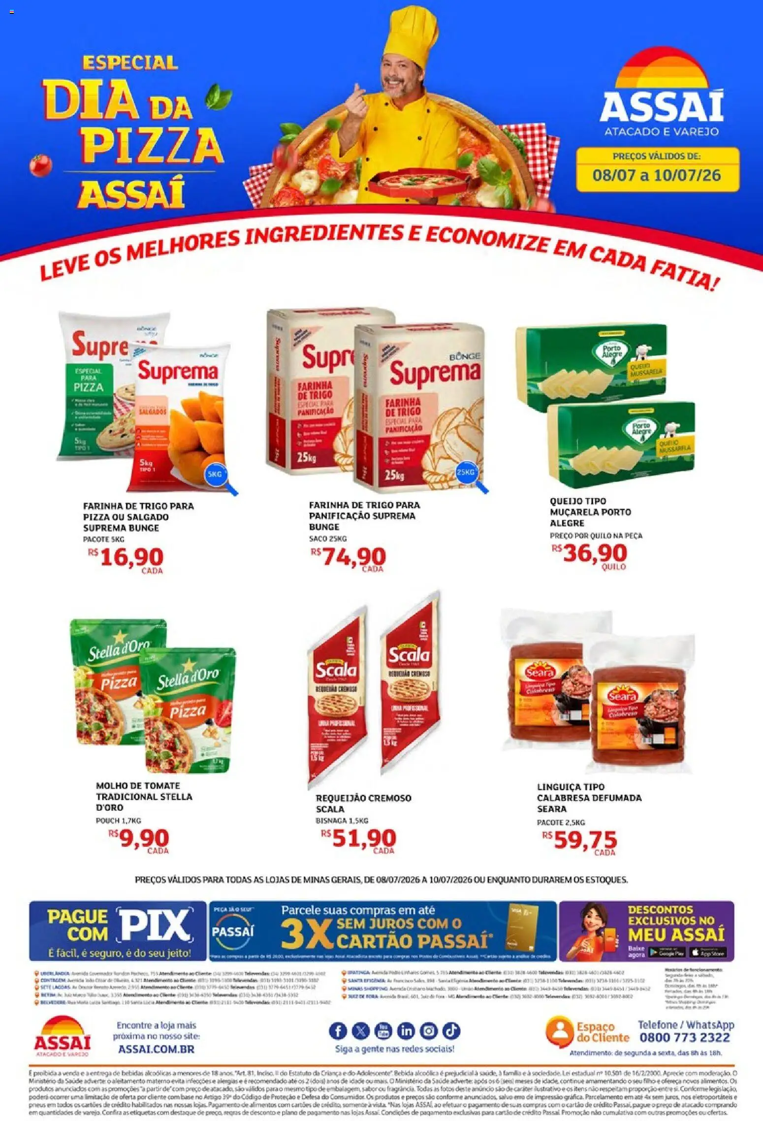 Assaí Atacadista Folheto - válido de 08/07/2026 | Página: 1 | Produtos: Farinha de trigo, Linguiça, Telefone, Requeijão