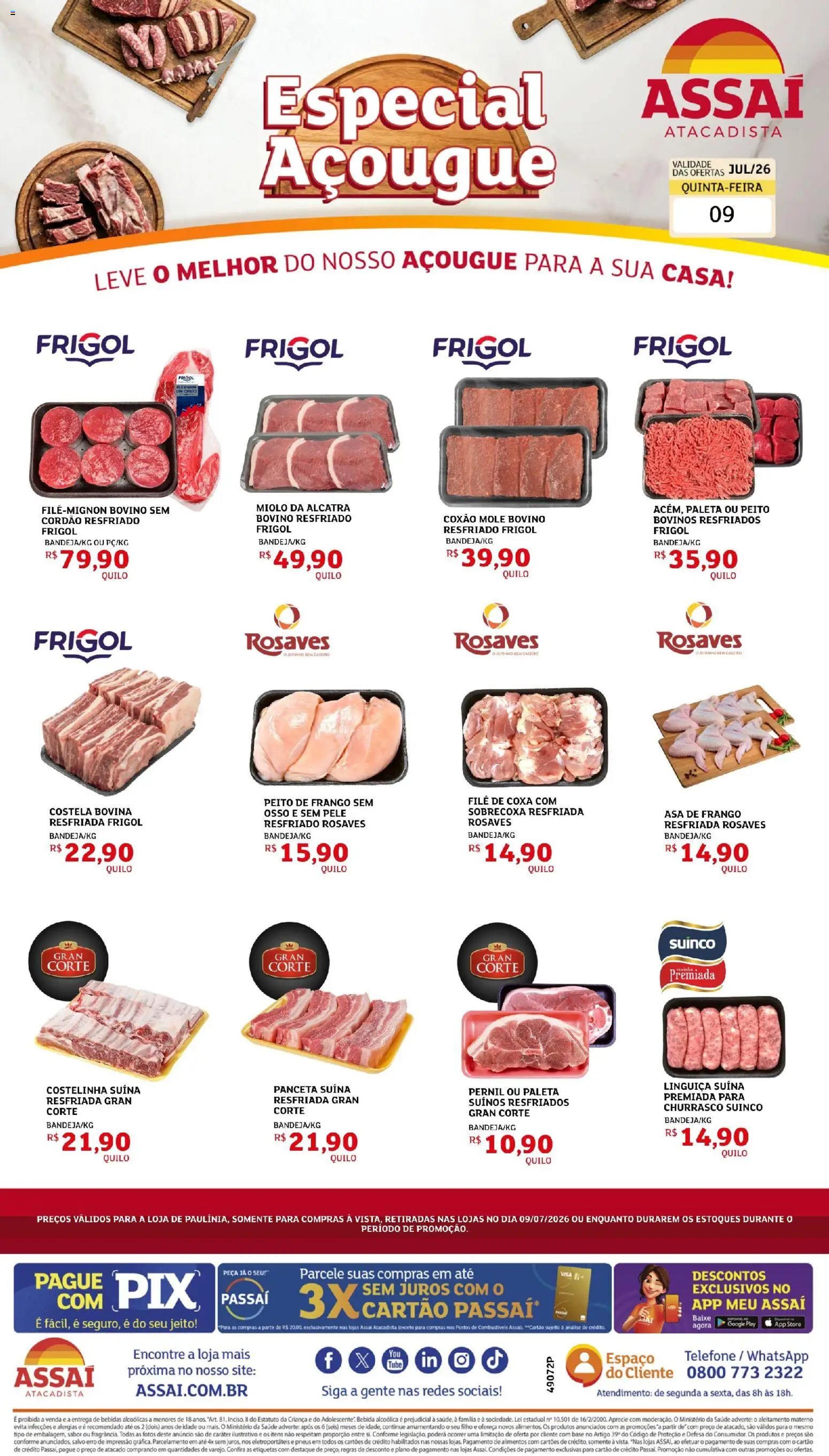 Assaí Atacadista Folheto - válido de 09/07/2026 | Página: 1 | Produtos: Pneus, Bebida, Telefone, Peito de frango