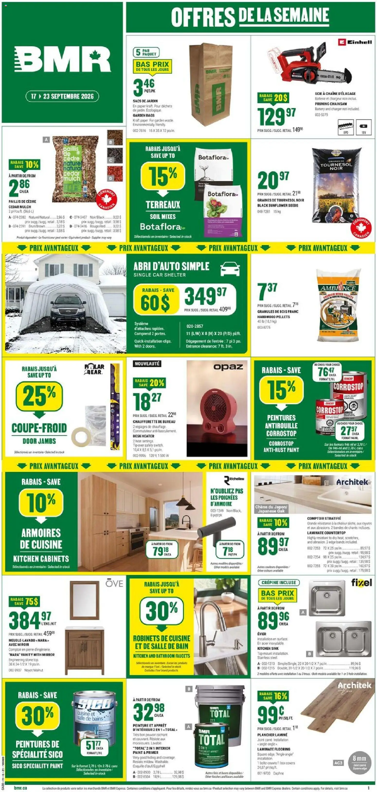 BMR flyer valid from Sep 17, 2026 | Page: 1 | Products: Sunflower seeds, Granules, Sunflower, Chainsaw