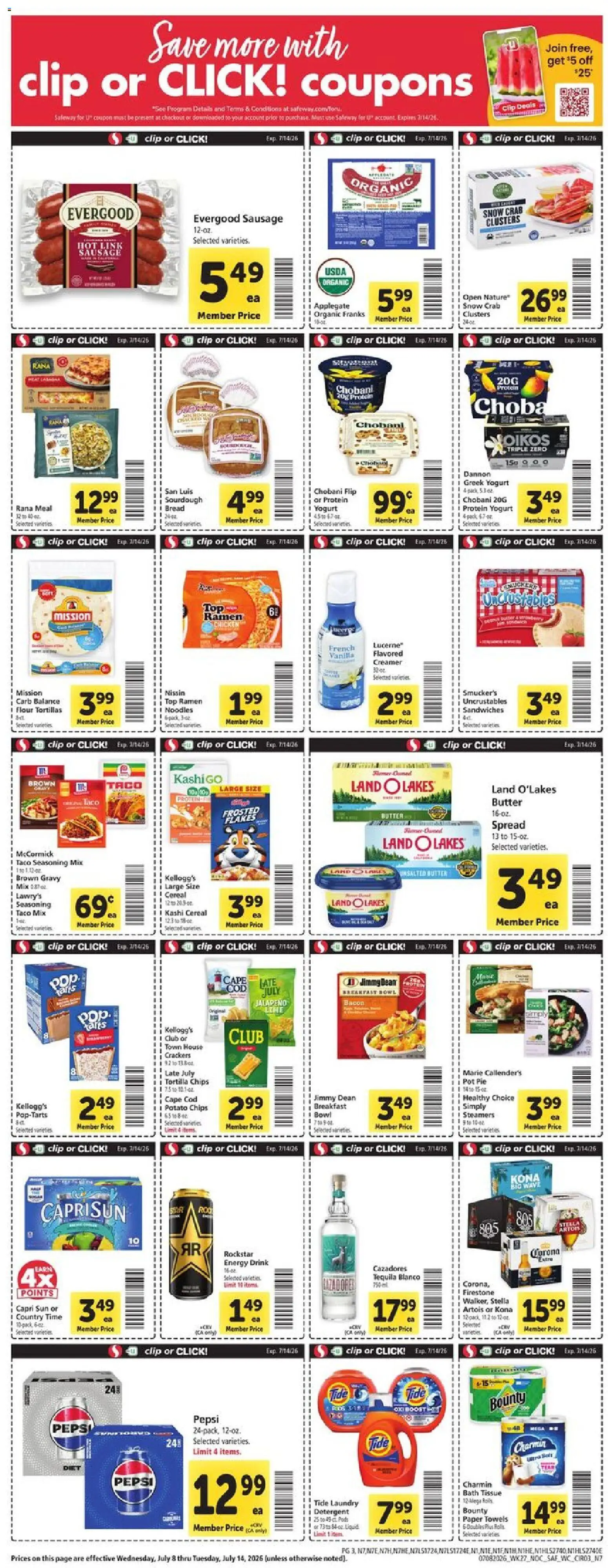 Safeway Weekly Ad - valid from 07/08/2026 | Page: 3 | Products: Clip, Butter, Yogurt, Detergent