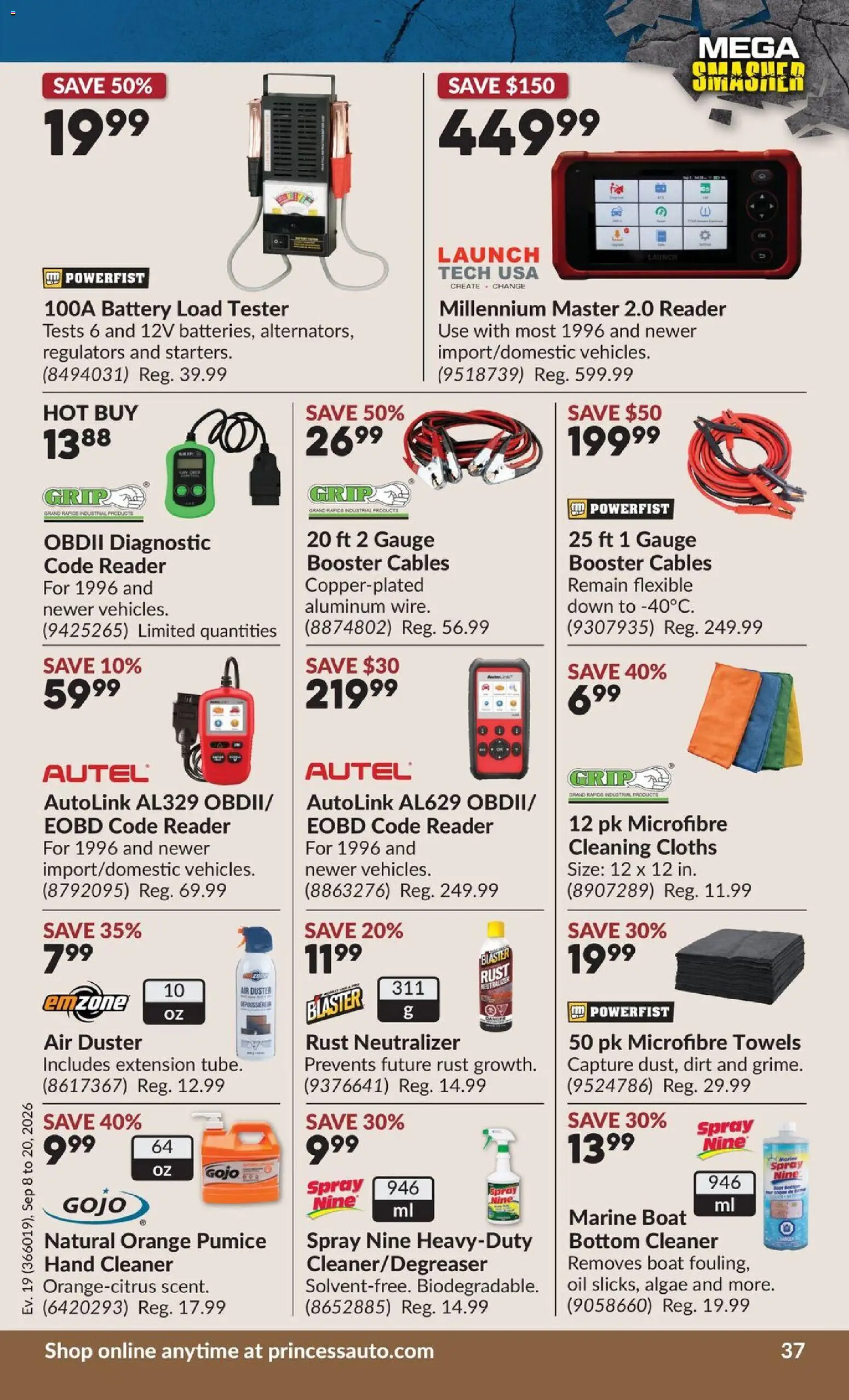 Princess Auto flyer valid from Sep 8, 2026 | Page: 40 | Products: Cleaning cloths, Towels, Battery, Oil