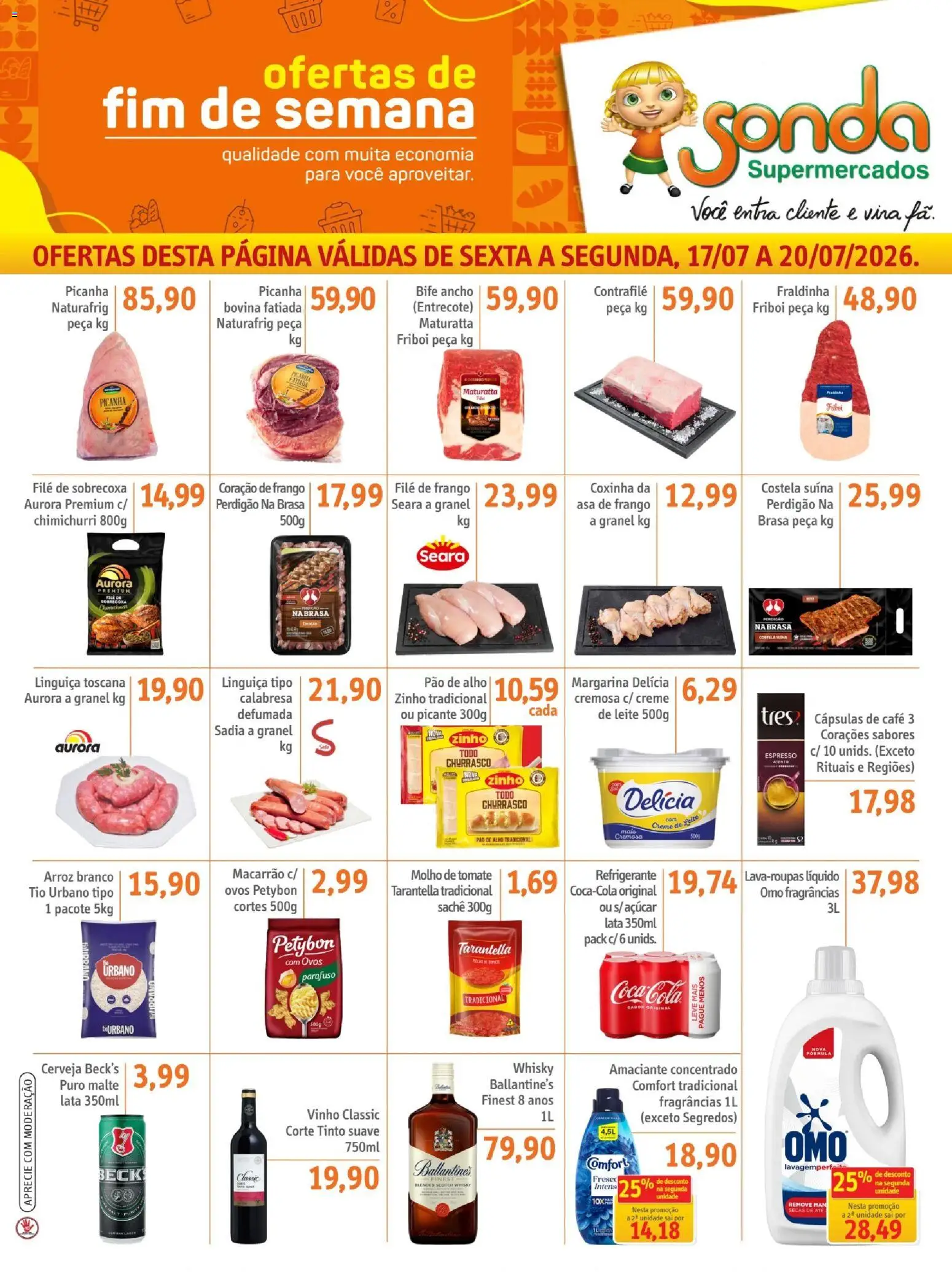 Sonda Folheto - válido de 17/07/2026 | Página: 1 | Produtos: Pao de alho, Fraldinha, Picanha, Creme de leite