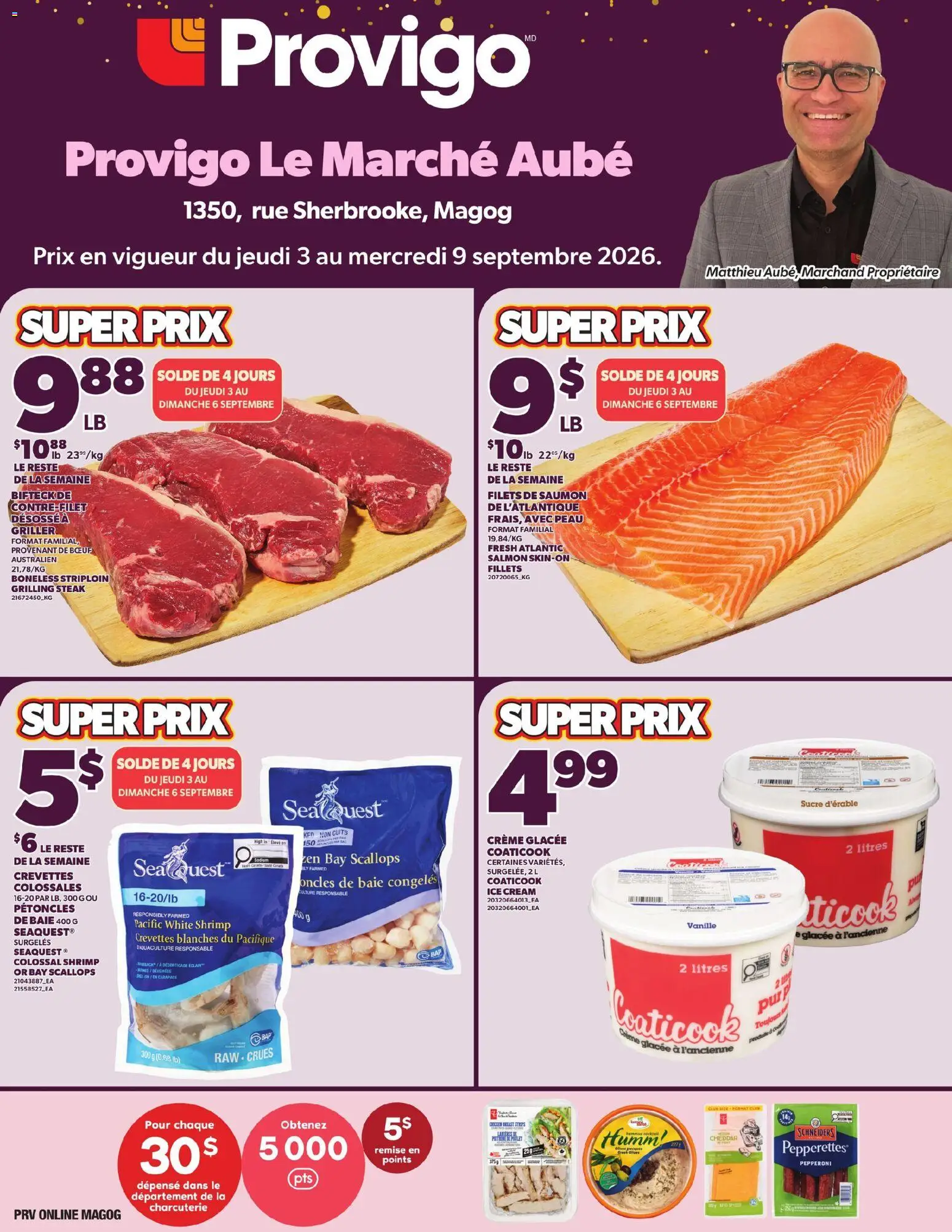Provigo flyer valid from Sep 3, 2026 | Page: 1 | Products: Tea, PC, Frozen vegetables, Salami