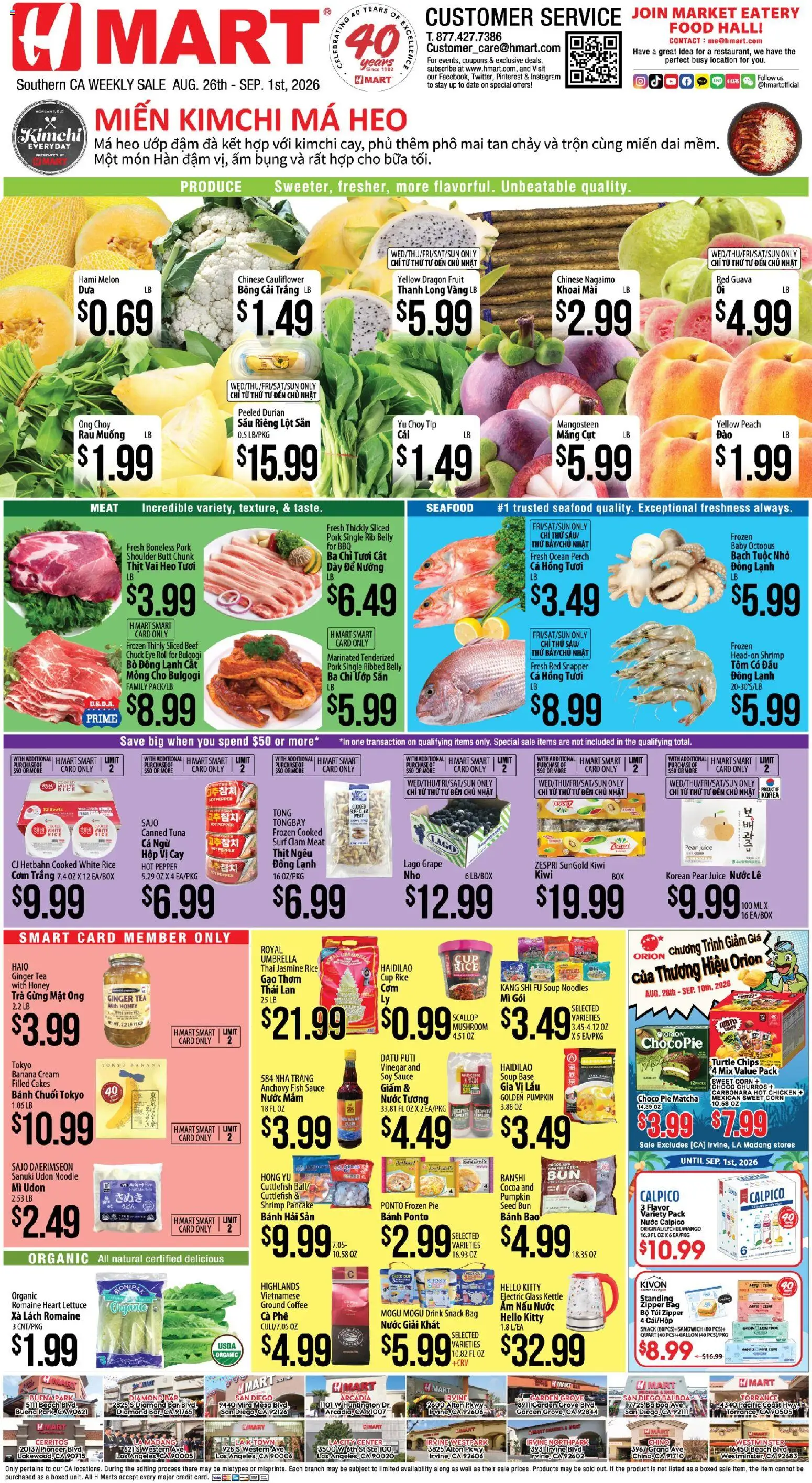 Hmart Weekly Ad - VIETNAMESE - valid from 08/26/2026 | Page: 1 | Products: Shrimp, Cocoa, Ground coffee, Pear