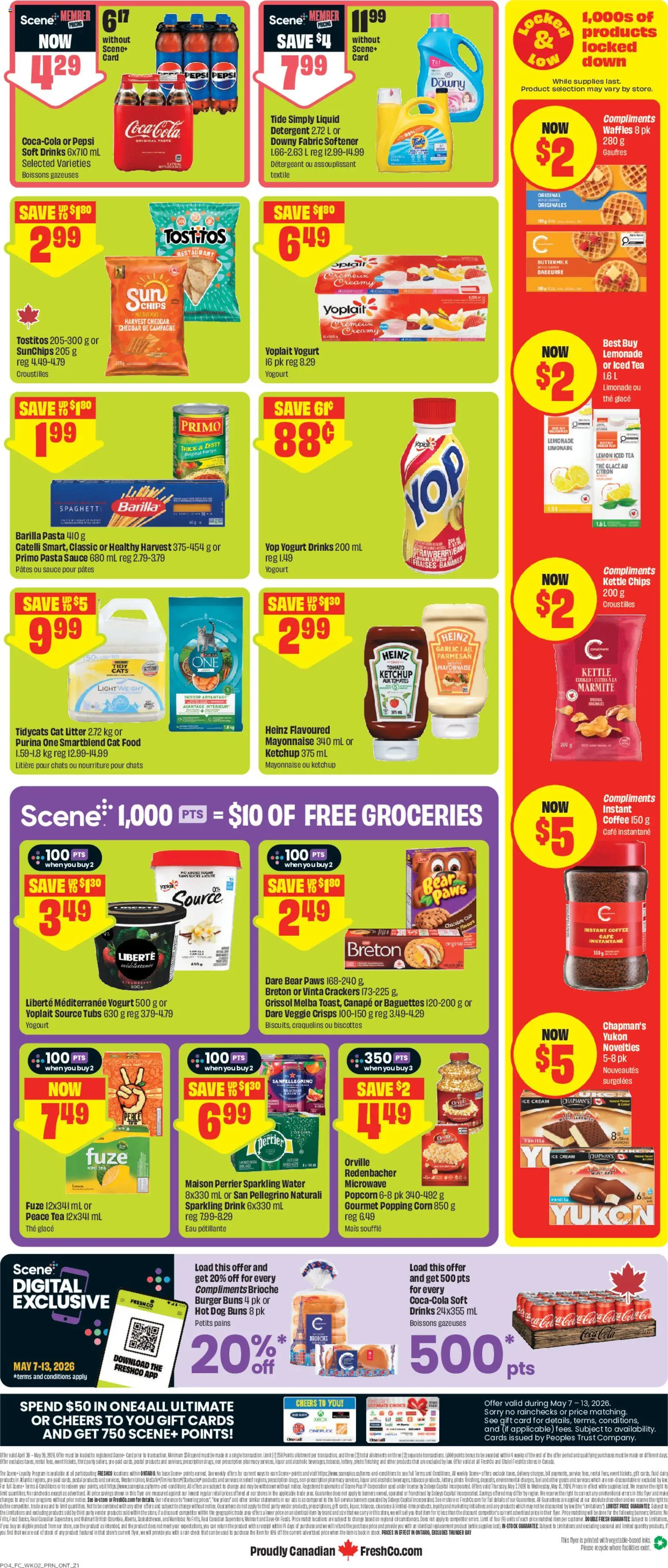 FreshCo flyer valid from 07.05.2026 | Page: 2 | Products: Pasta, Kettle, Fabric softener, Yogurt