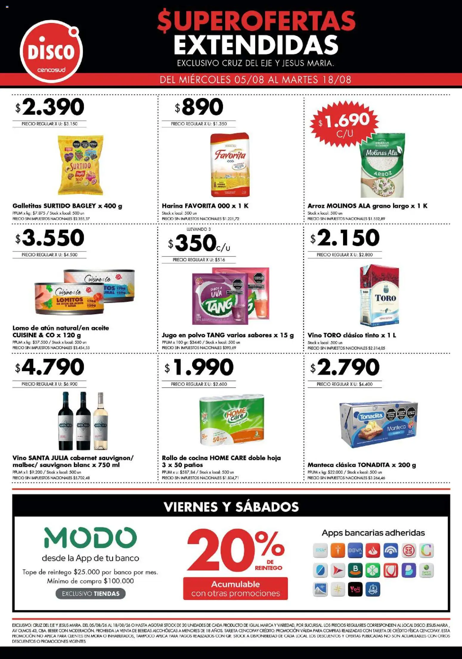 Disco - Superofertas extendidas - Cruz del Eje y Jesus Maria │ válido desde el 05/08/2026 | Página: 1 | Productos: Atún, Agua, Manteca, Arroz