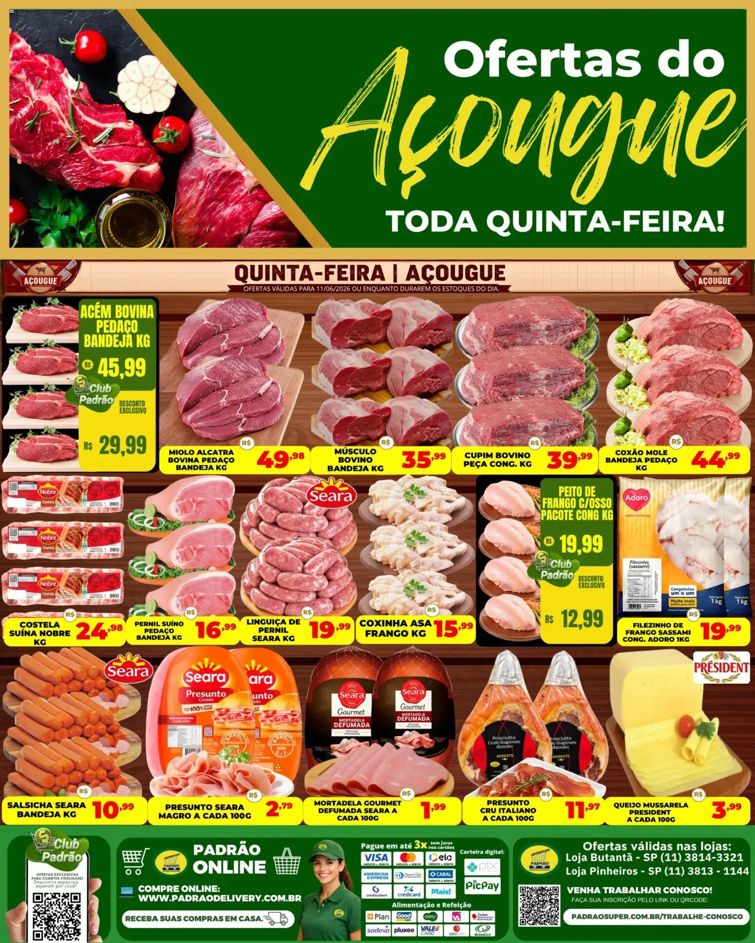 Supermercado Padrão Folheto - válido de 11.06.2026 | Página: 1 | Produtos: Linguiça, Alcatra, Faca, Mussarela