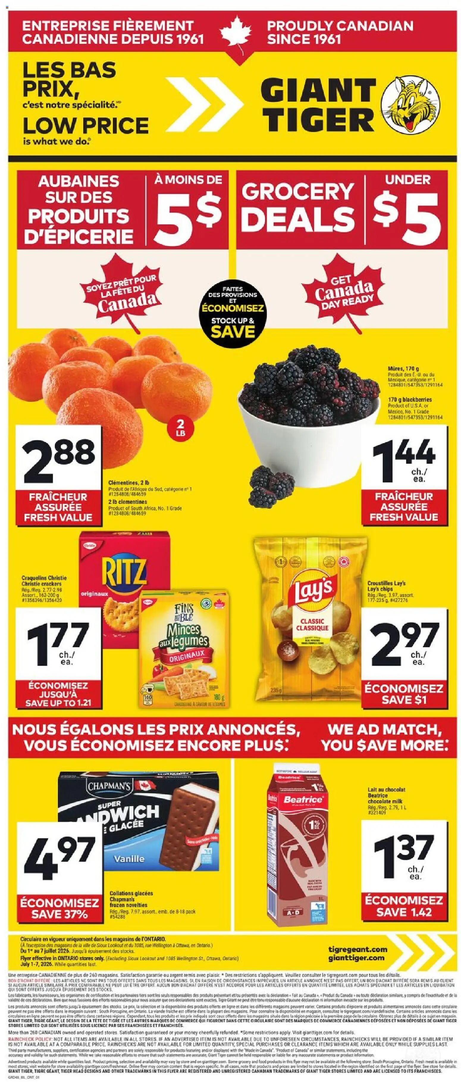 Giant Tiger flyer valid from Jul 1, 2026 | Page: 1 | Products: Chips, Cream, Ice cream, Milk