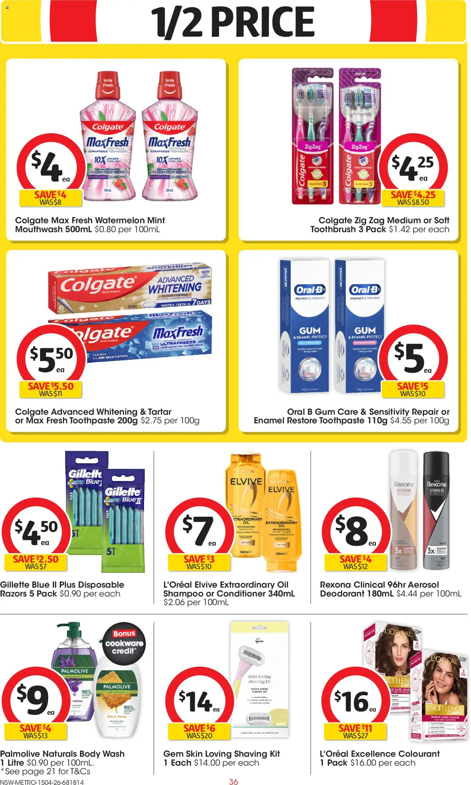Coles catalogue - valid from 15.04.2026 | Page: 36 | Products: Shampoo, Deodorant, Toothbrush, Razors