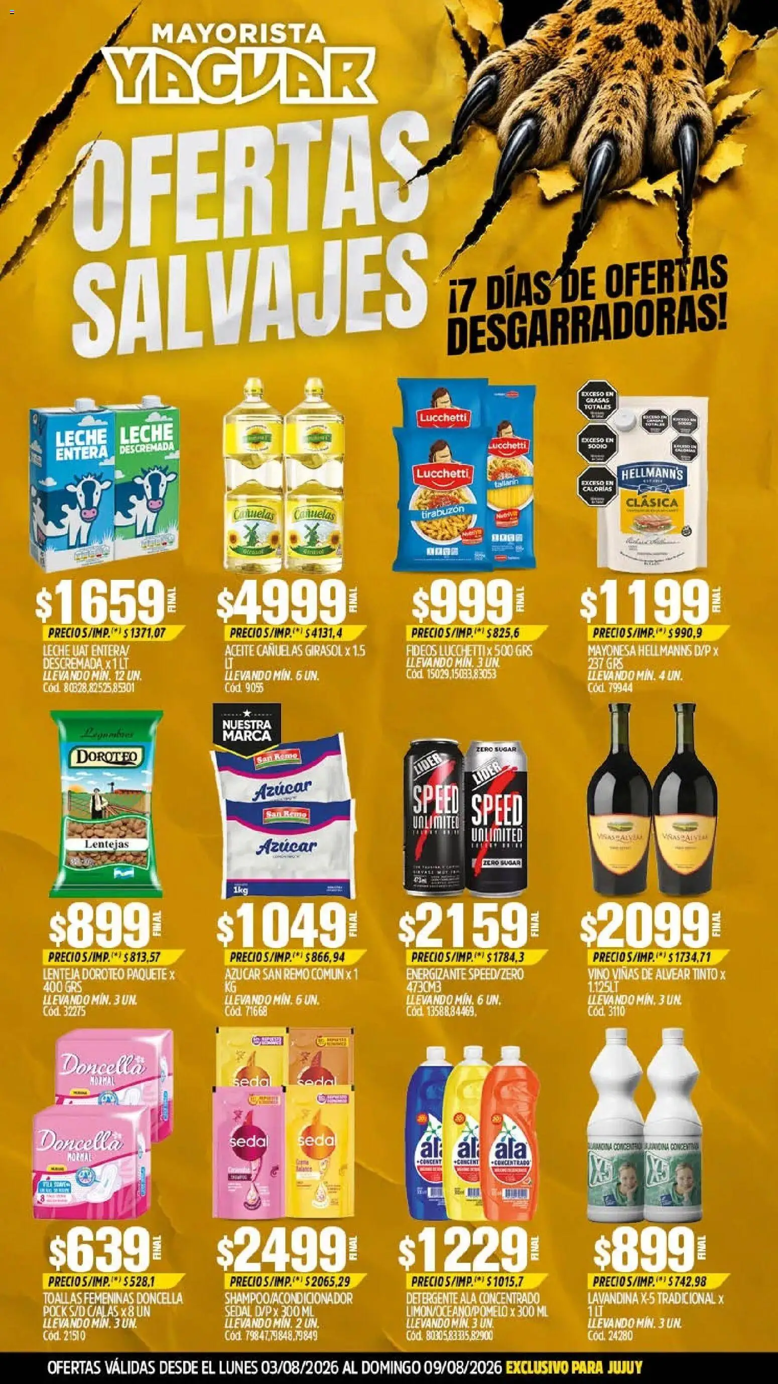 Yaguar - Oferta Semanal Jujuy │ válido desde el 03/08/2026 | Página: 1 | Productos: Lavandina, Azucar, Leche, Vino