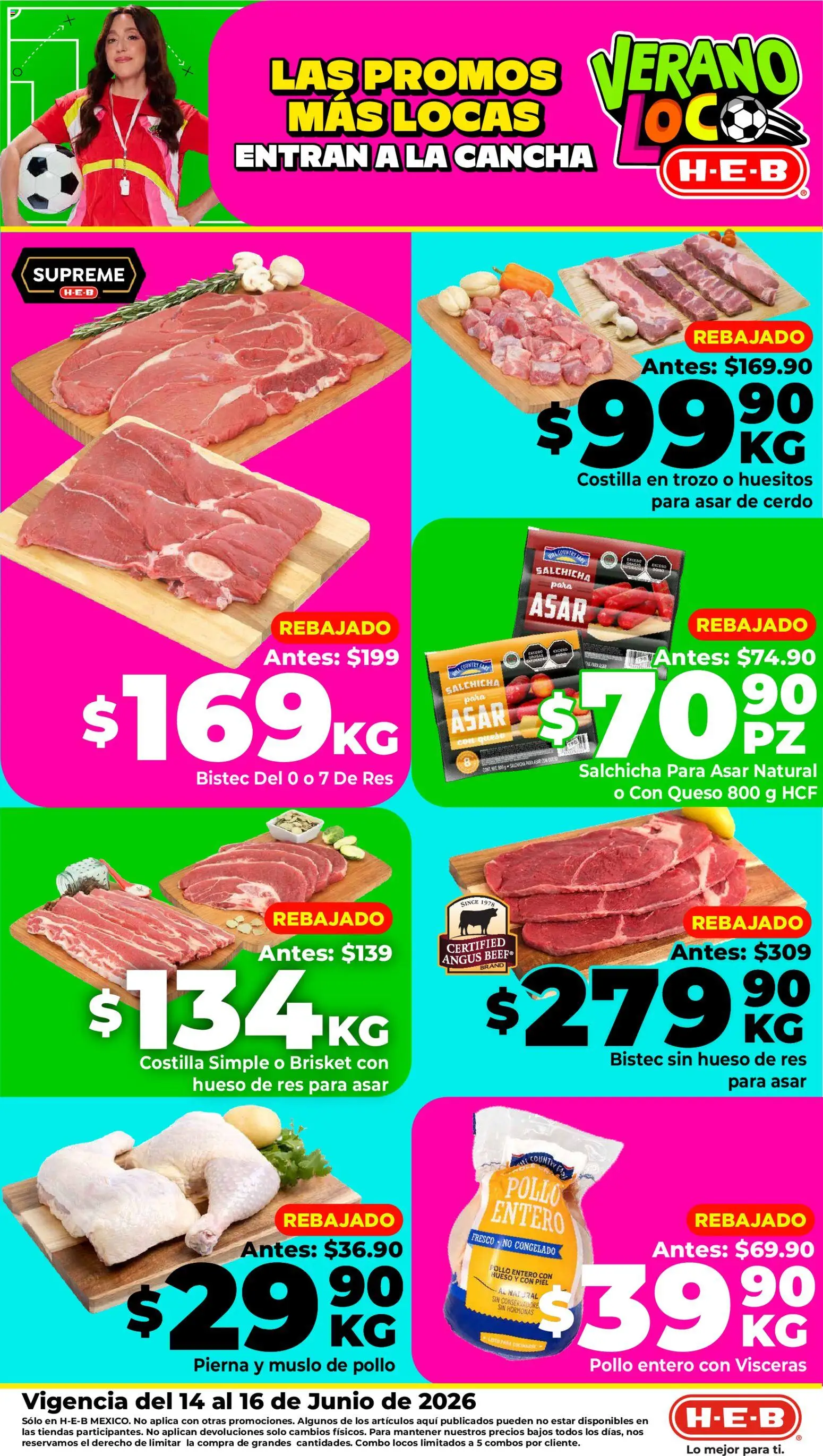 Nuevas ofertas de H-E-B válidas en toda la República Mexicana desde el 14/07/2026. ¡Encuentra las mejores ofertas en H-E-B folleto Las promos más locas! | Página: 1 | Productos: Salchicha, Queso, Cerdo, Res