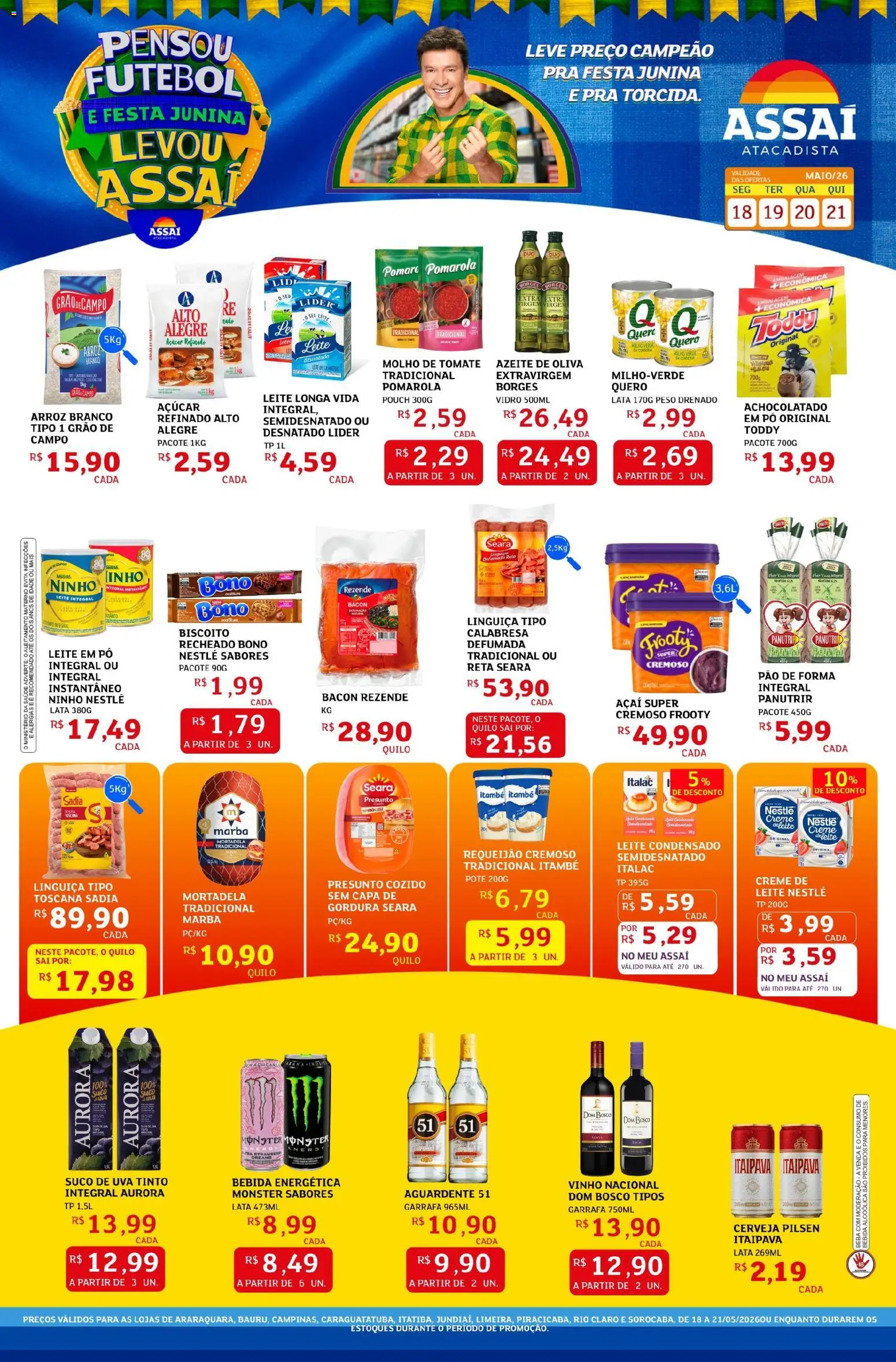 Assaí Atacadista Folheto - válido de 18.05.2026 | Página: 1 | Produtos: Pão, Mortadela, Açúcar, Leite em pó