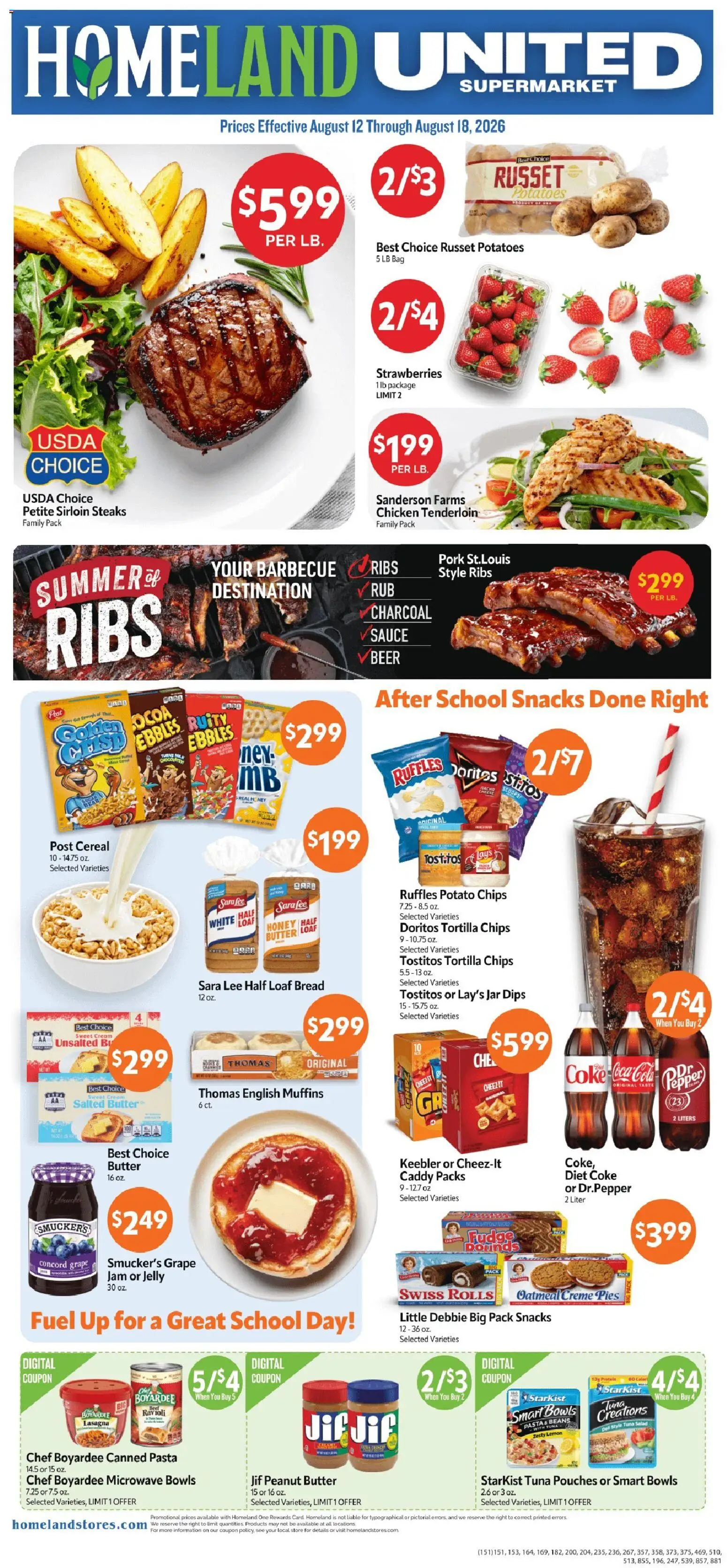 Homeland Weekly Ad - valid from 08/12/2026 | Page: 1 | Products: Chicken, Pork, Lasagna, Tuna salad