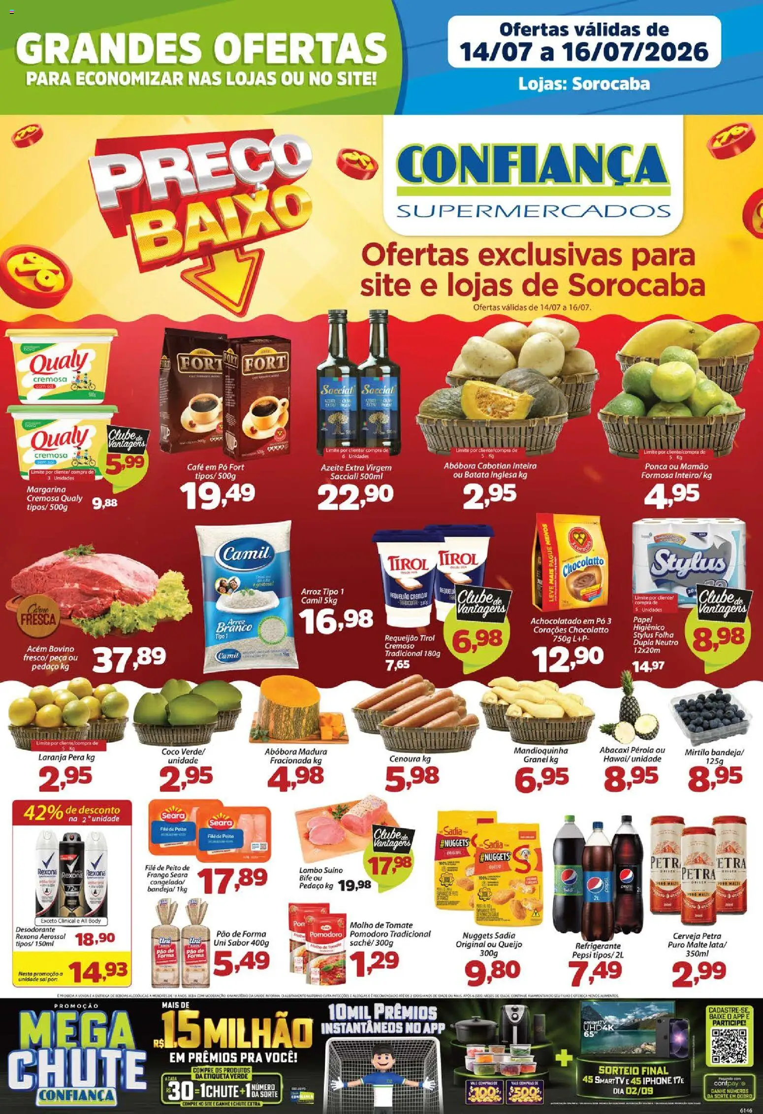 Confiança Folheto - válido de 14/07/2026 | Página: 1 | Produtos: Pera, Refrigerante, Batata, Frango