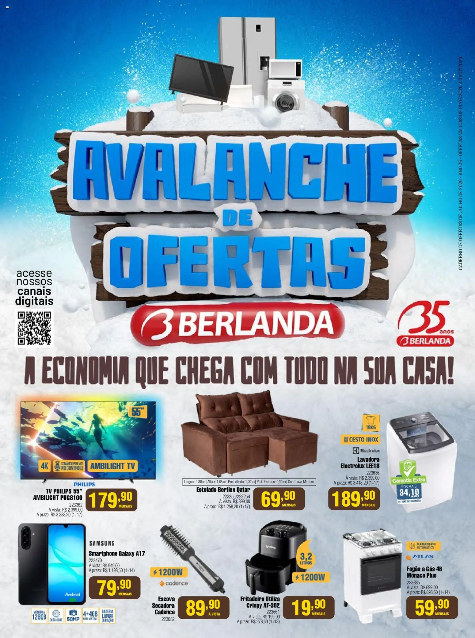 Berlanda Folheto - válido de 01/07/2026 | Página: 1 | Produtos: Fogão, Escova, Smartphone, Caderno