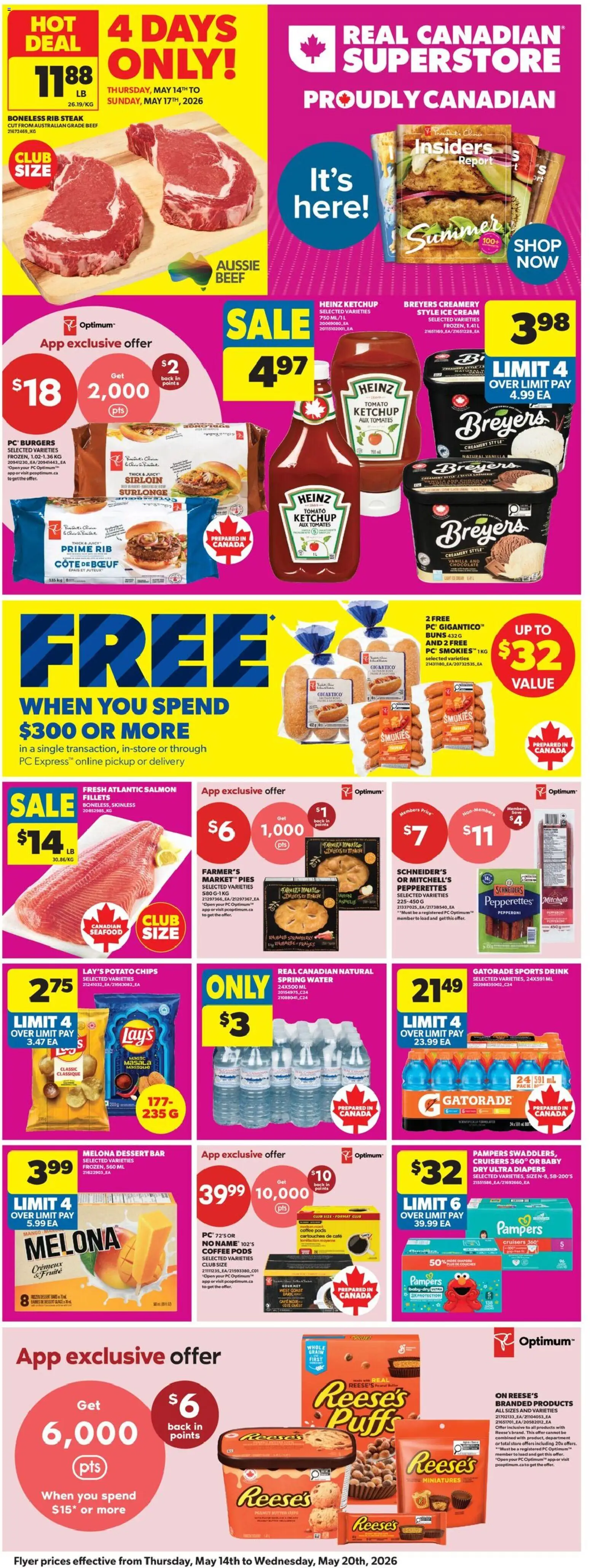 Real Canadian Superstore flyer valid from 14.05.2026 | Page: 4 | Products: Ketchup, Cream, Ice cream, Coffee