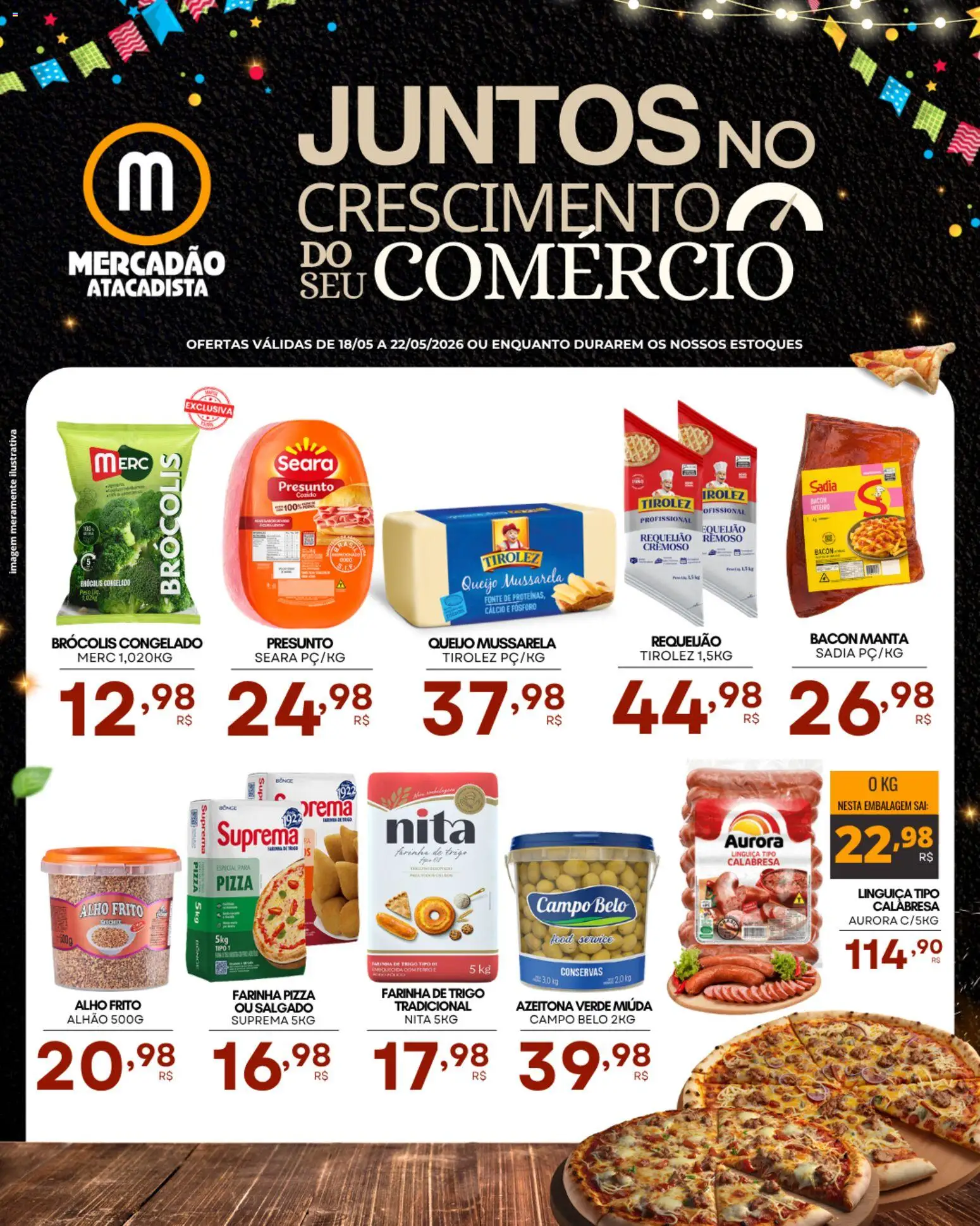 Mercadão Atacadista Folheto - válido de 18.05.2026 | Página: 1 | Produtos: Fósforo, Alho, Linguiça, Pizza
