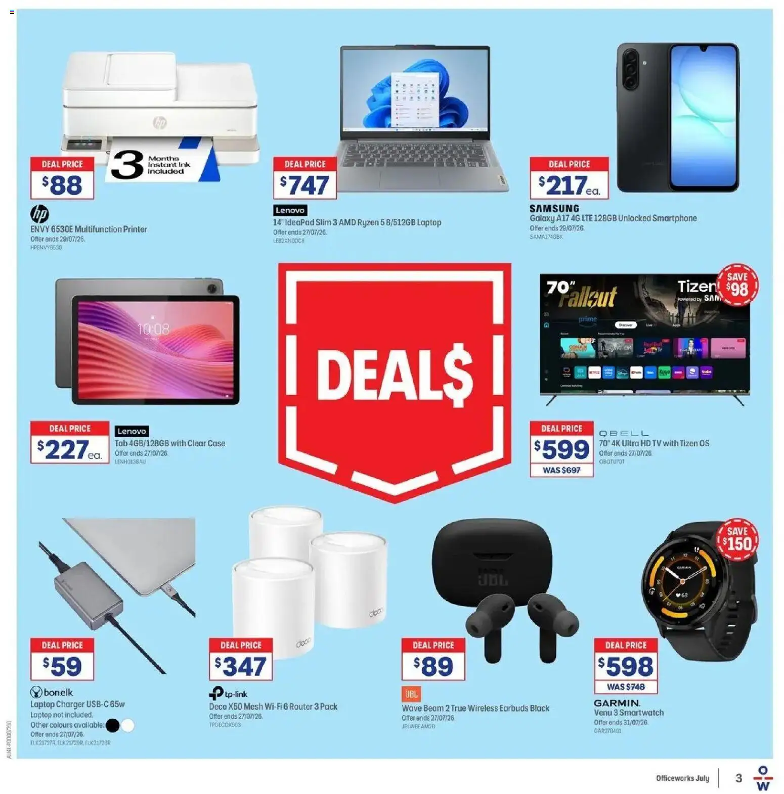 Officeworks catalogue - valid from 12/07/2026 | Page: 3 | Products: Charger, Smartphone, Laptop, Smartwatch