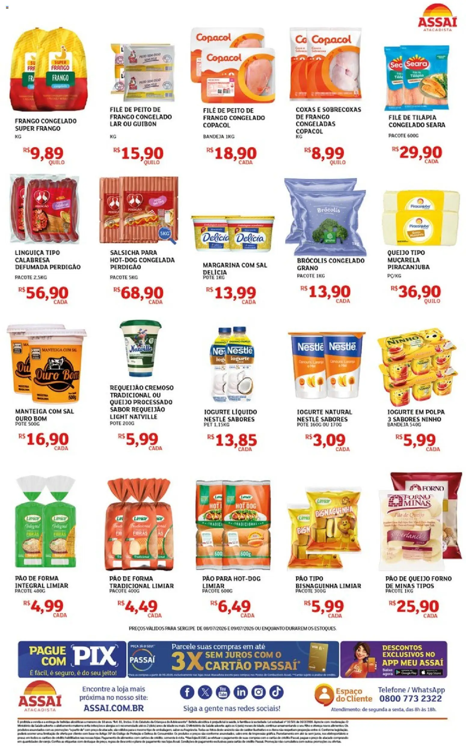 Assaí Atacadista Folheto - válido de 08/07/2026 | Página: 2 | Produtos: Linguiça, Manteiga, Pão, Tilápia