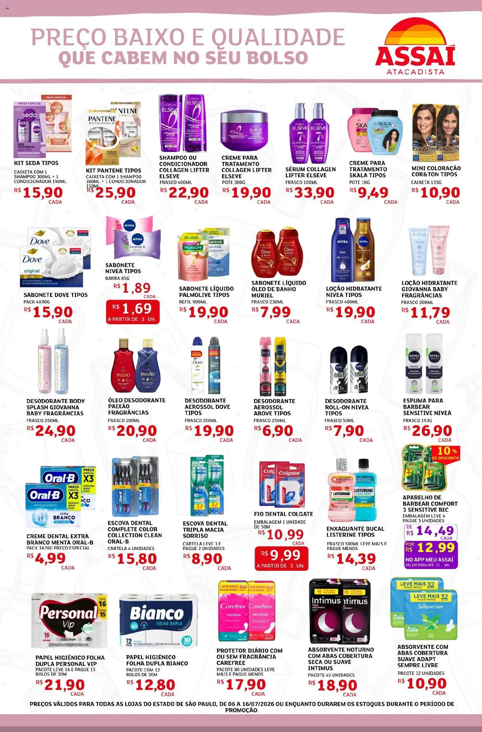 Assaí Atacadista Folheto - válido de 06/07/2026 | Página: 3 | Produtos: Escova, Óleo, Sempre Livre, Sabonete líquido