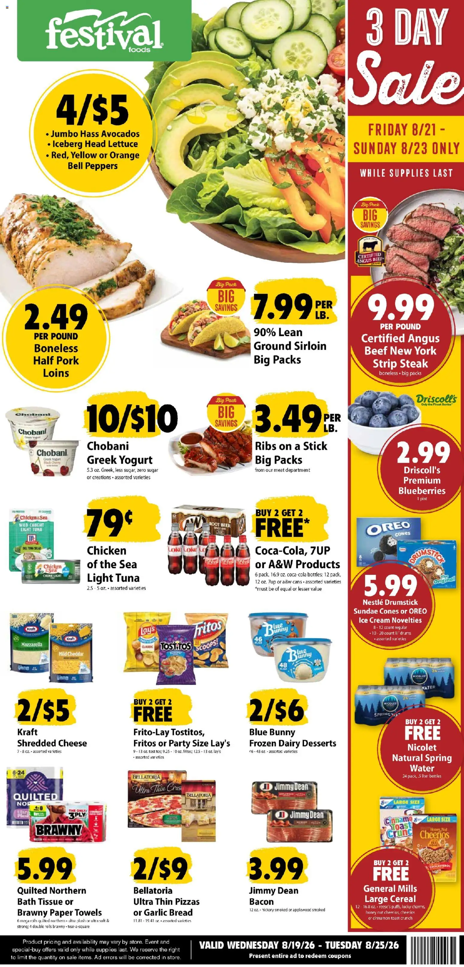 Festival Foods Weekly Ad - valid from 08/19/2026 | Page: 1 | Products: Bacon, Sugar, Cereal, Steak