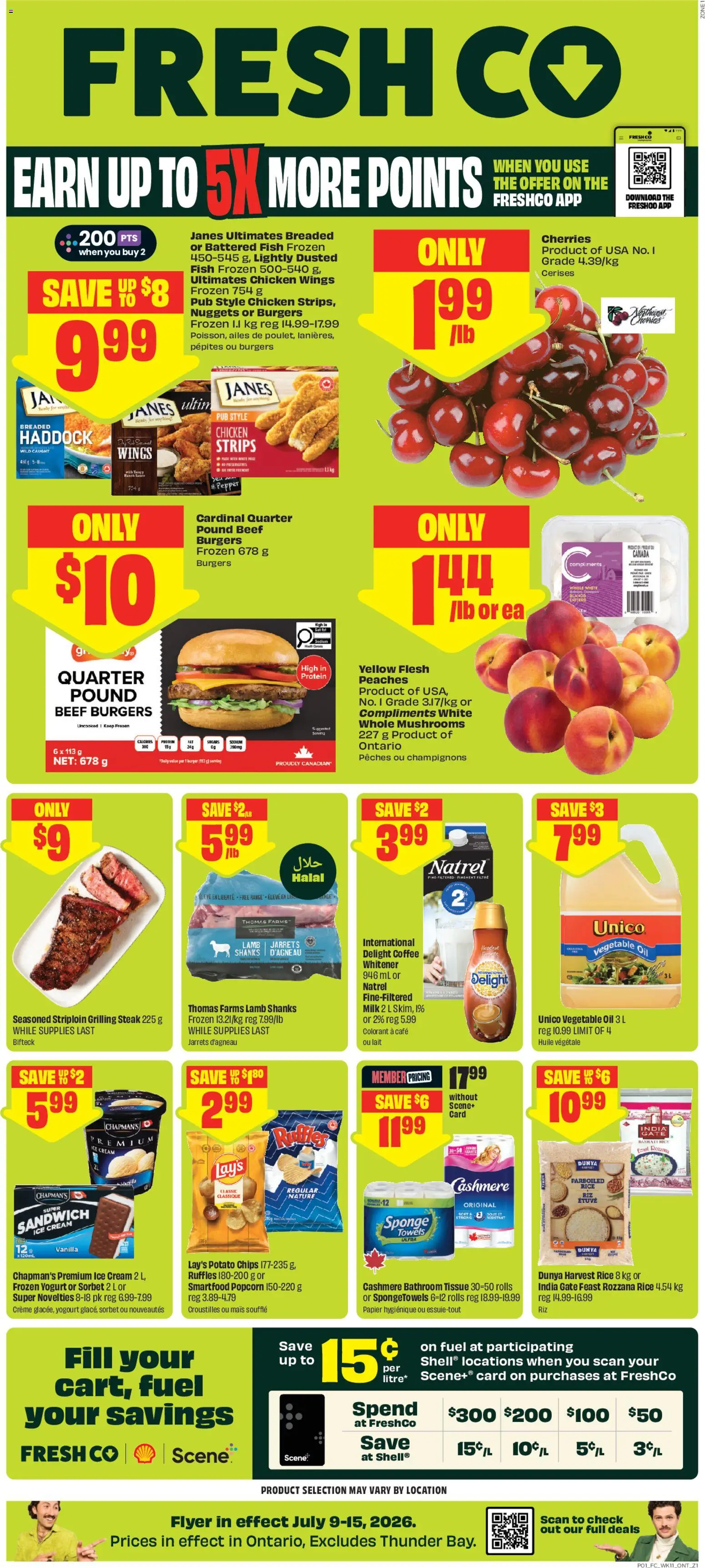FreshCo flyer valid from Jul 9, 2026 | Page: 1 | Products: Fish, Beef, Cream, Oil