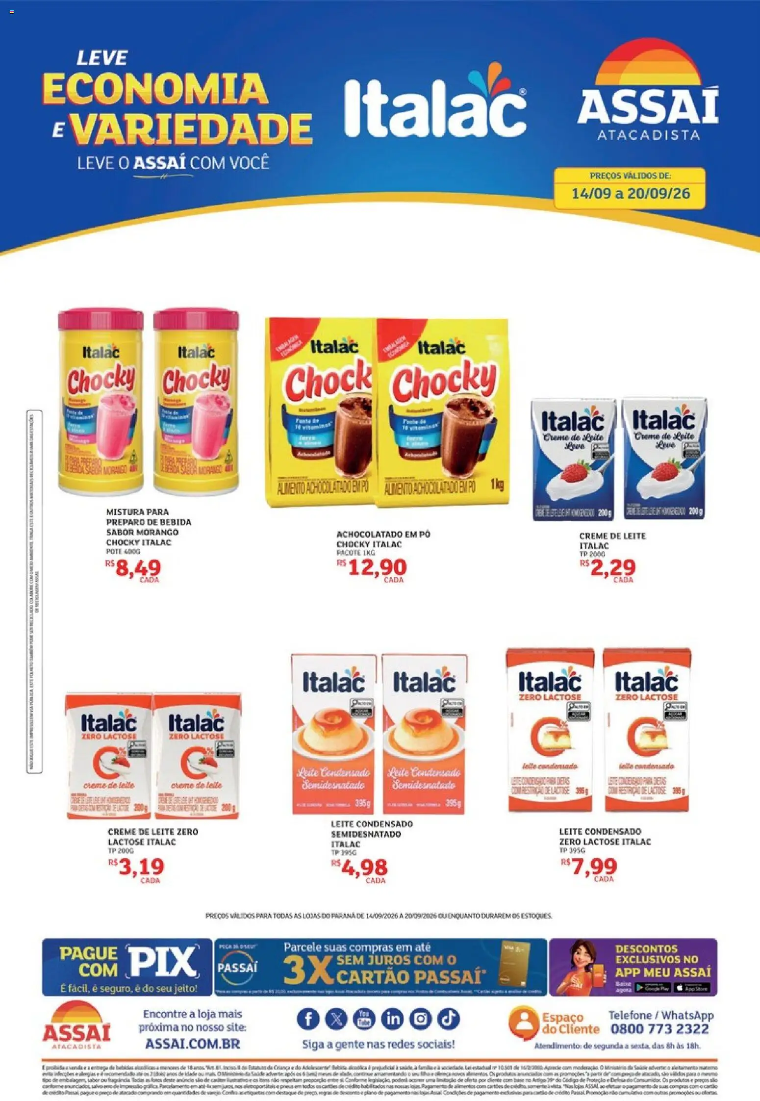 Assaí Atacadista Folheto - válido de 14/09/2026 | Página: 1 | Produtos: Leite semidesnatado, Creme, Telefone, Creme de leite