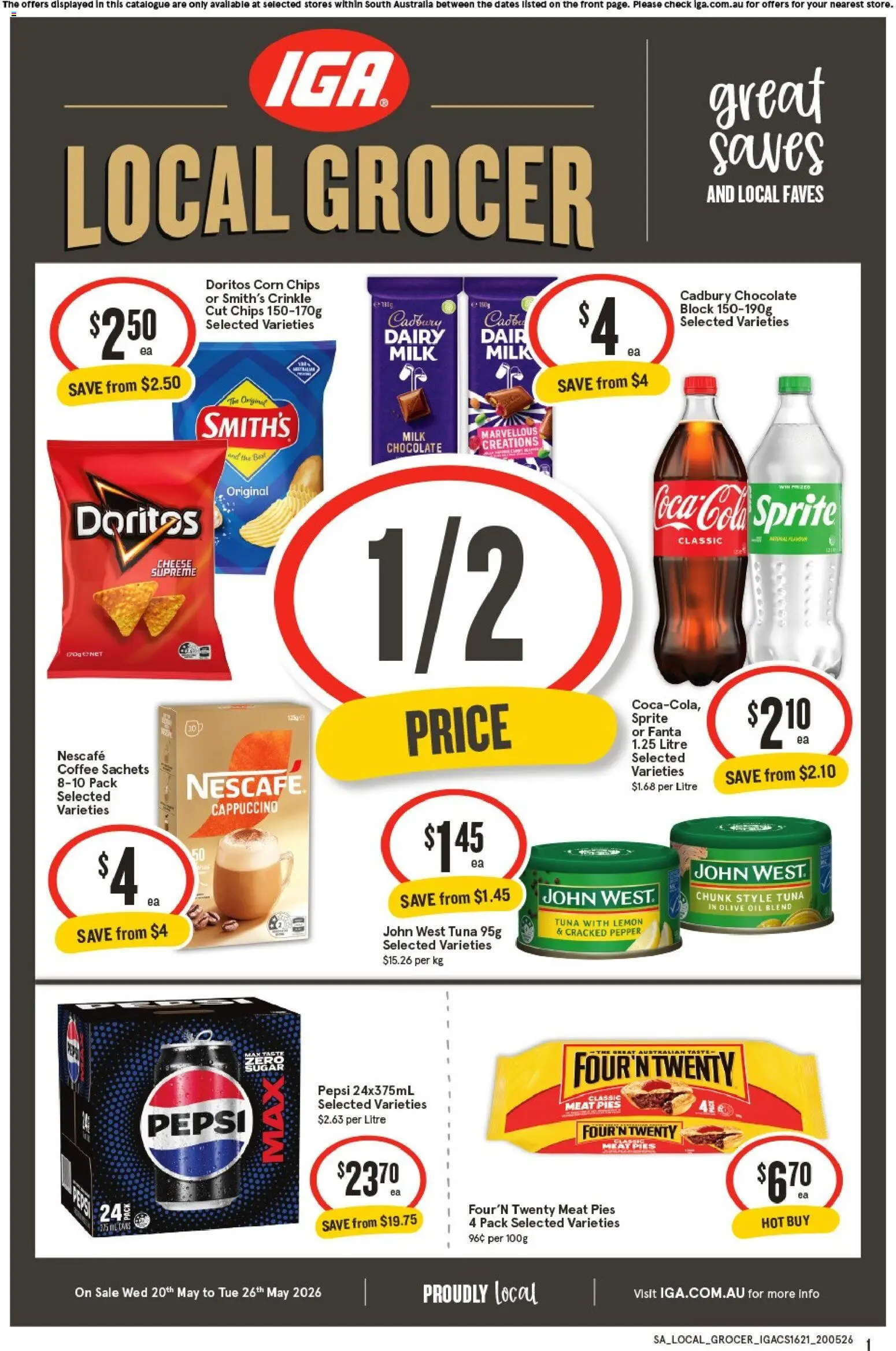 IGA catalogue - valid from 20.05.2026 | Page: 1 | Products: Coffee, Coca Cola, Lemon, Pies