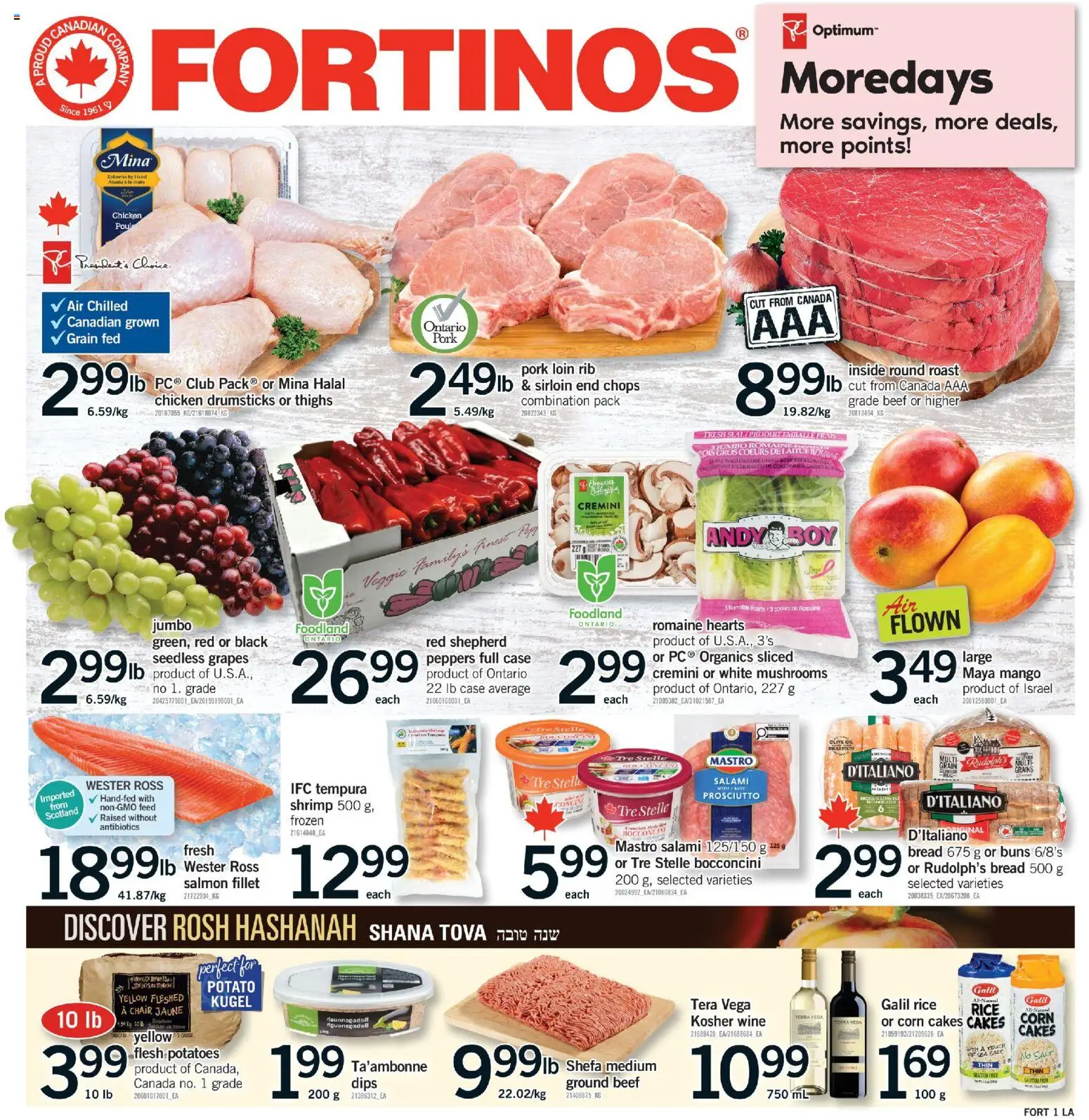 Fortinos flyer valid from Aug 27, 2026 | Page: 1 | Products: Salmon, Corn, Ground beef, Chicken