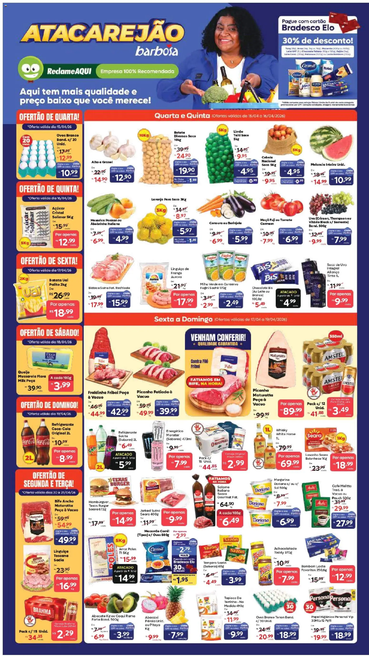 Barbosa Supermercados Folheto - válido de 15.04.2026 | Página: 1 | Produtos: Cebola, Doriana, Fraldinha, Cerveja