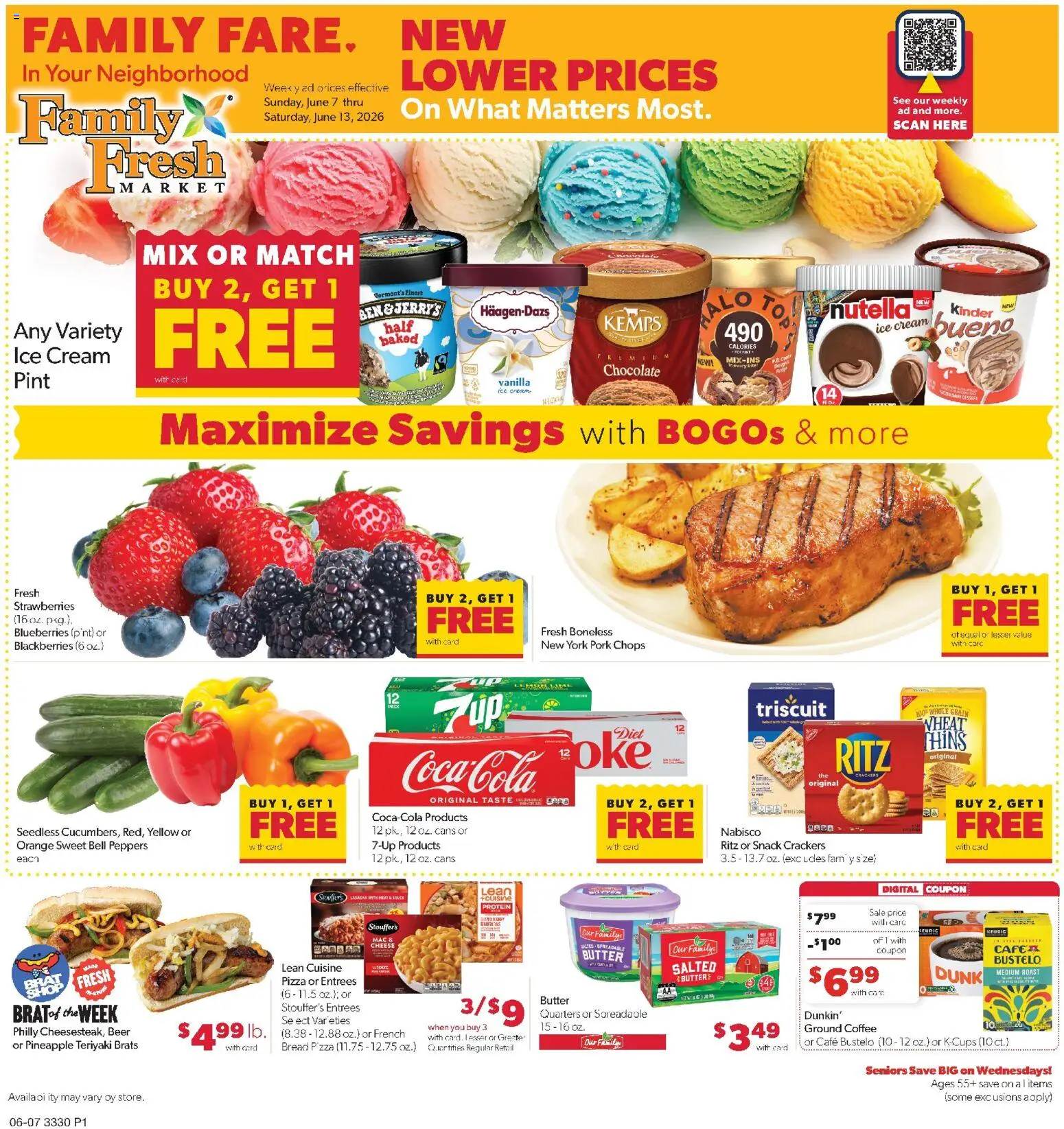 Family Fare Weekly Ad - MN - valid from 07.06.2026 | Page: 1 | Products: Chocolate, Pork, Bra, Blueberries