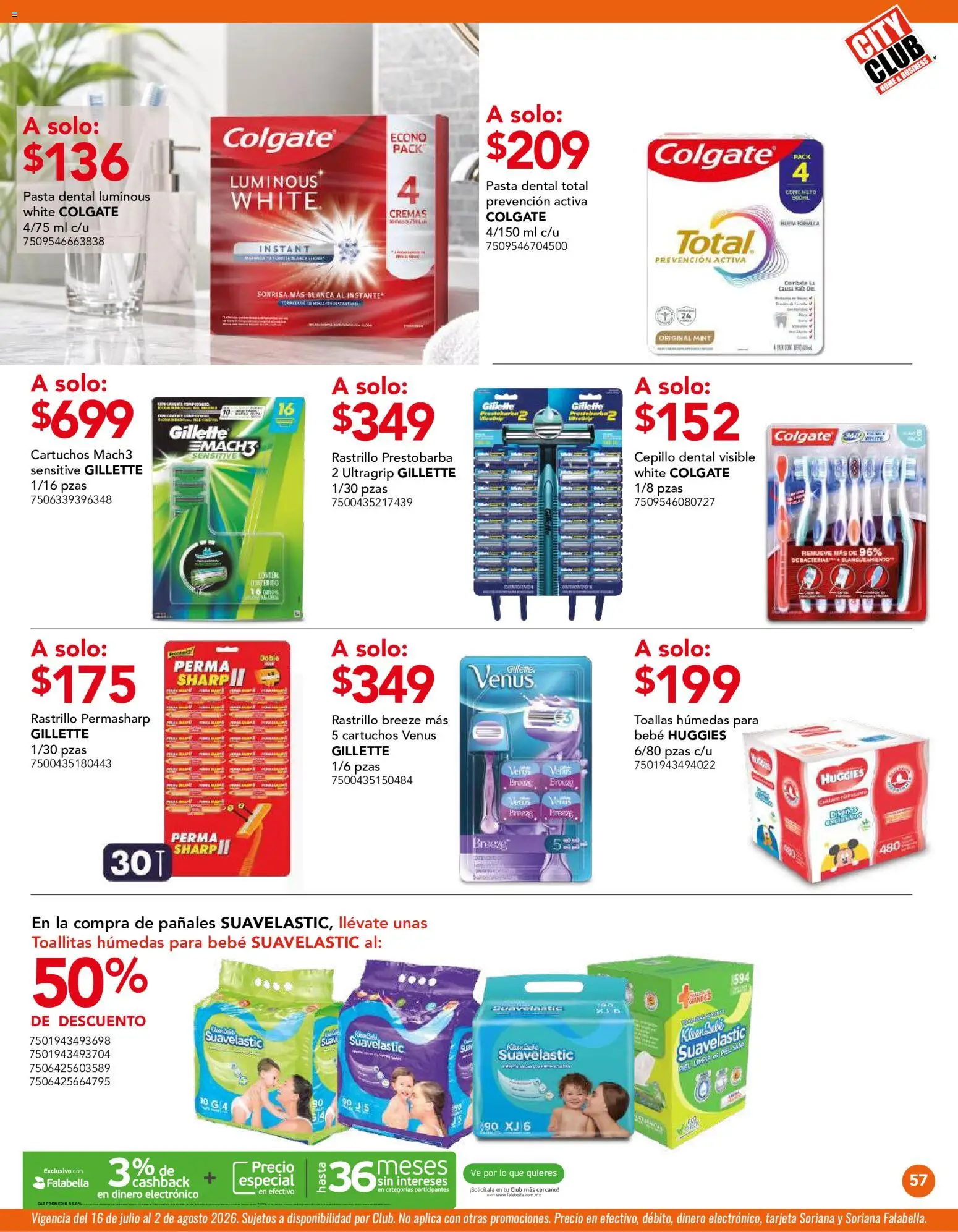 Nuevas ofertas de City Club válidas en toda la República Mexicana desde el 01/07/2026. ¡Encuentra las mejores ofertas en City Club catálogo! | Página: 57 | Productos: Cepillo, Rastrillo, Toallitas húmedas, Toallas