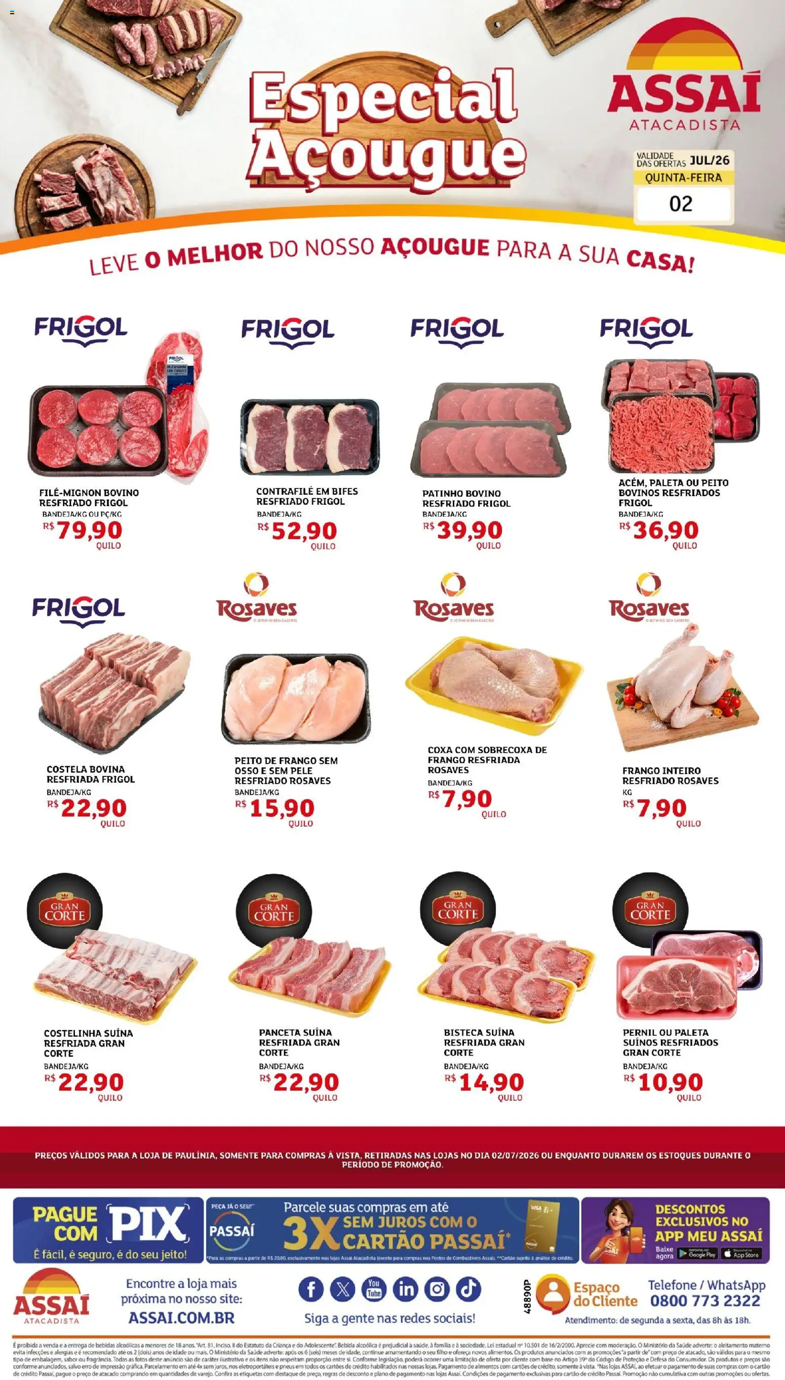 Assaí Atacadista Folheto - válido de 02/07/2026 | Página: 1 | Produtos: Pernil, Base, Bebida, Telefone